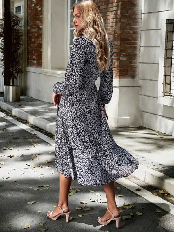 Long-Sleeve Floral Wrap Midi Dress