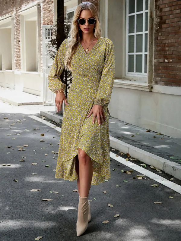 Long-Sleeve Floral Wrap Midi Dress