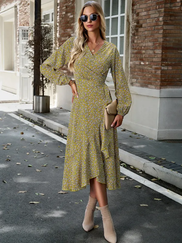 Long-Sleeve Floral Wrap Midi Dress