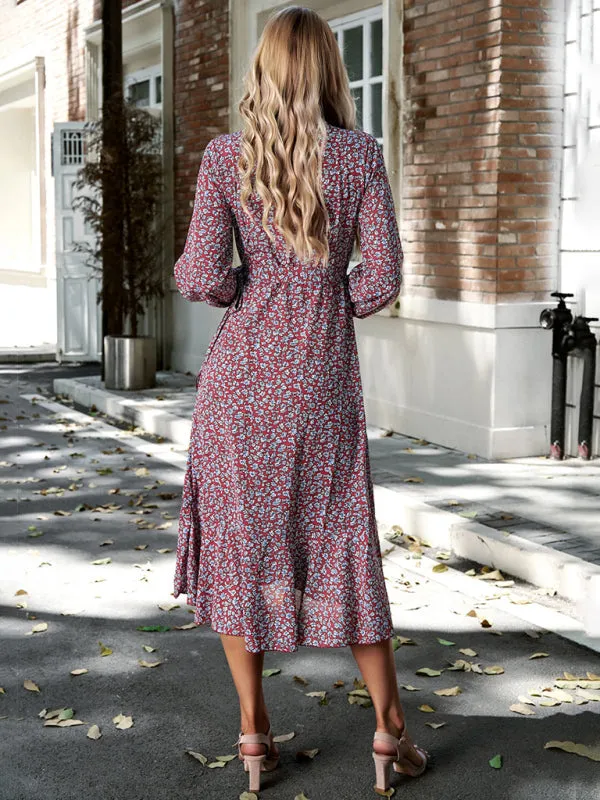 Long-Sleeve Floral Wrap Midi Dress