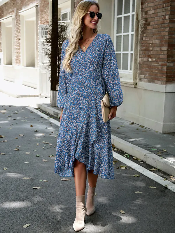 Long-Sleeve Floral Wrap Midi Dress