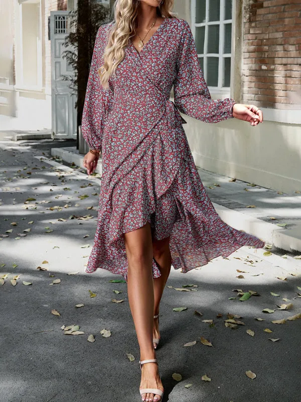 Long-Sleeve Floral Wrap Midi Dress