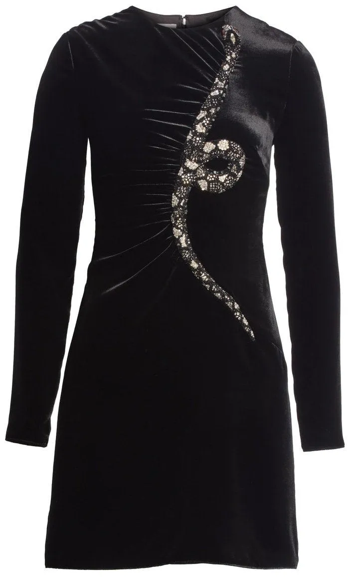 Long-Sleeve Velvet Cocktail Dress with Embellished Snake