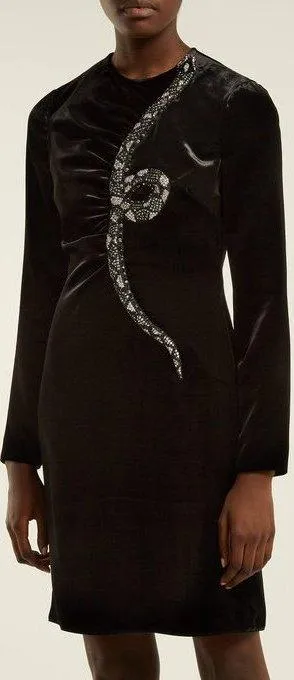 Long-Sleeve Velvet Cocktail Dress with Embellished Snake