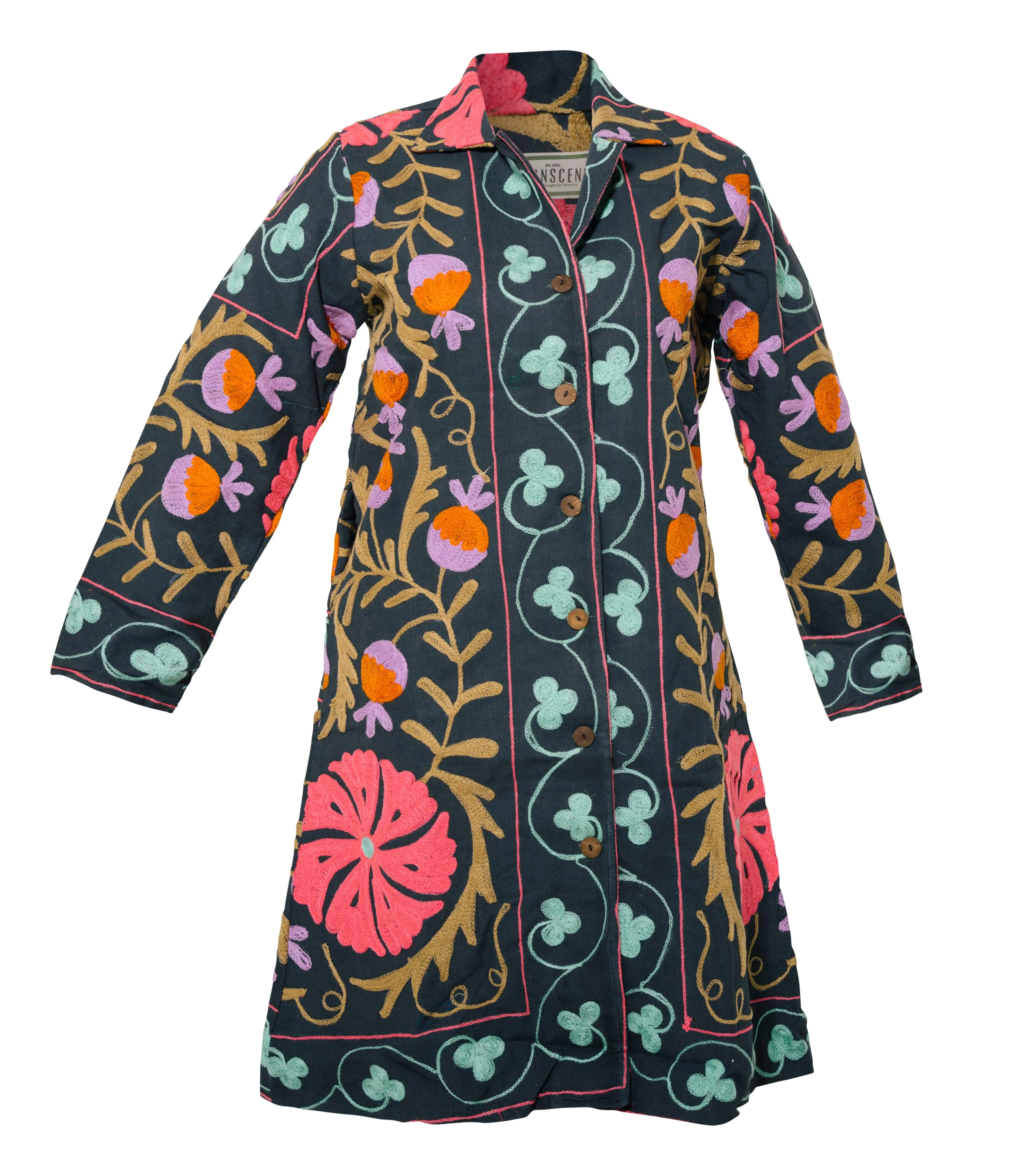 MALIKA COAT - Suzani Embroidery PINK & GREEN