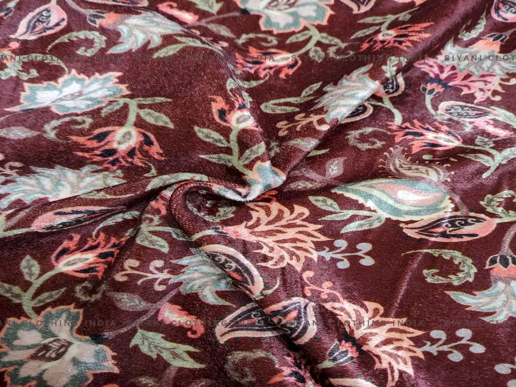 Maroon Floral Embroidered Velvet Fabric