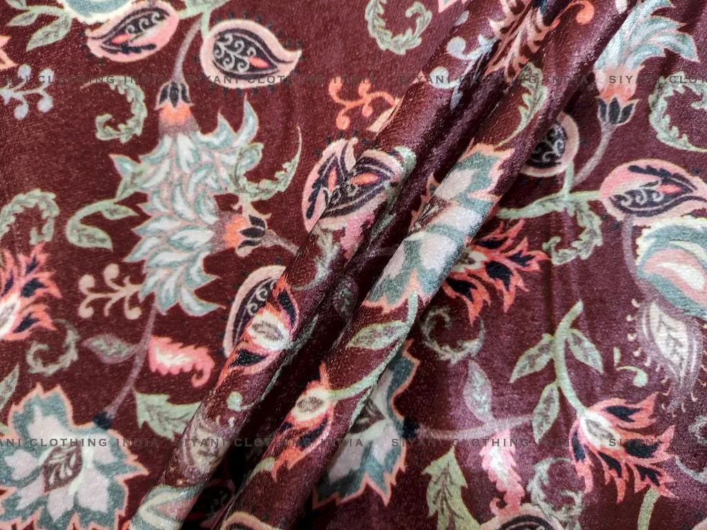 Maroon Floral Embroidered Velvet Fabric