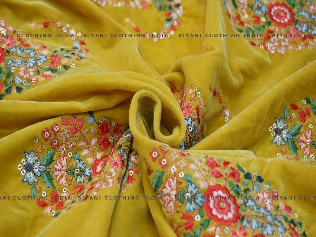 Mustard Multicolor thread Embroidered Velvet Fabric