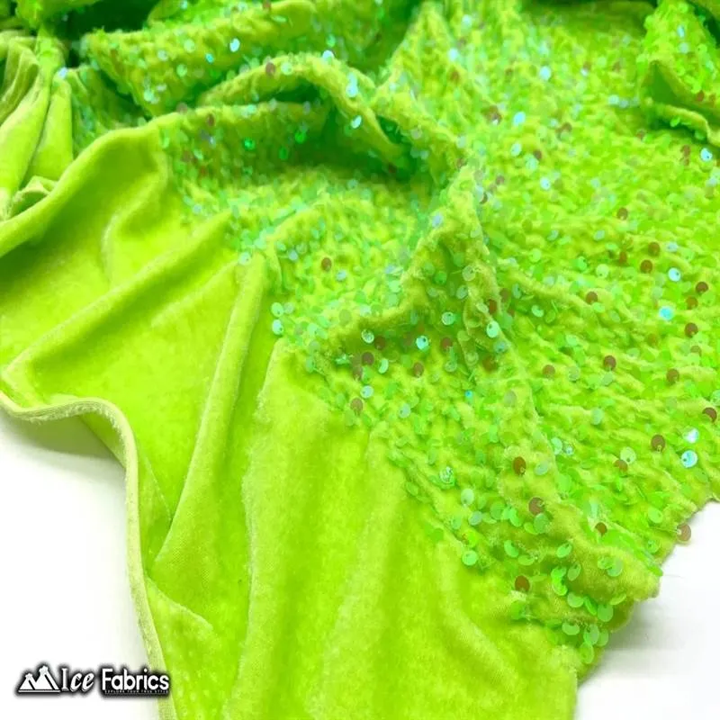 Neon Lime Green Emma Stretch Velvet Fabric with Embroidery Sequin