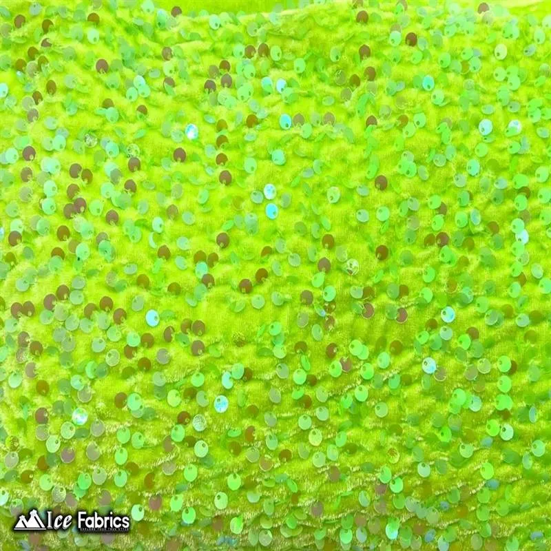 Neon Lime Green Emma Stretch Velvet Fabric with Embroidery Sequin