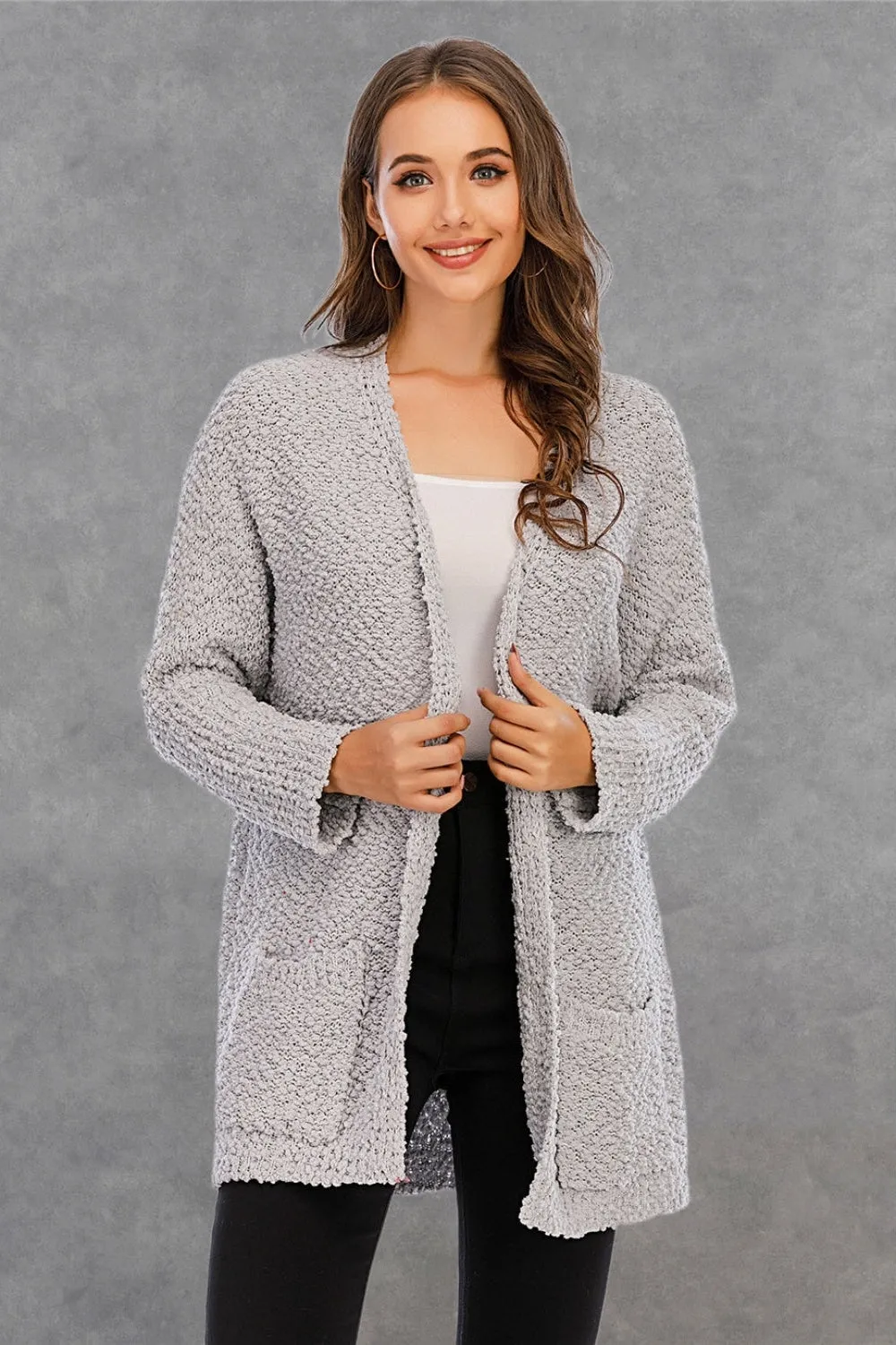 NicholesGifts Women Pocketed Open Front Long Sleeve Cardigan