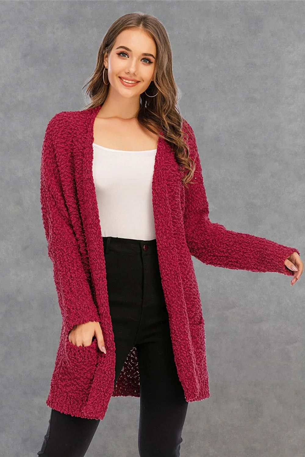 NicholesGifts Women Pocketed Open Front Long Sleeve Cardigan