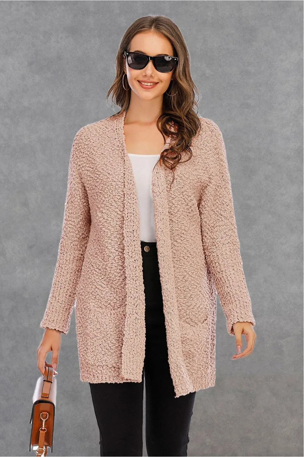 NicholesGifts Women Pocketed Open Front Long Sleeve Cardigan