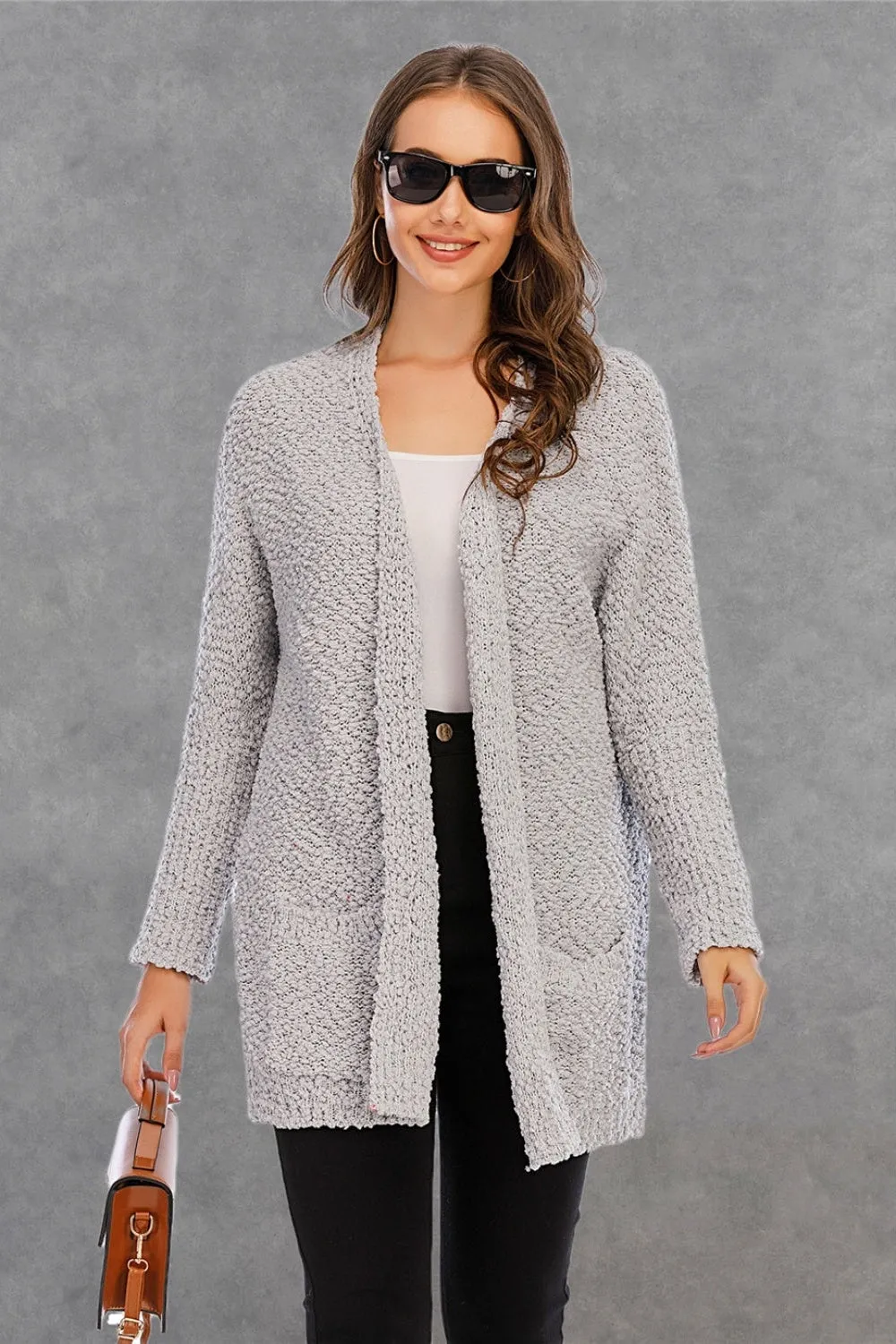 NicholesGifts Women Pocketed Open Front Long Sleeve Cardigan