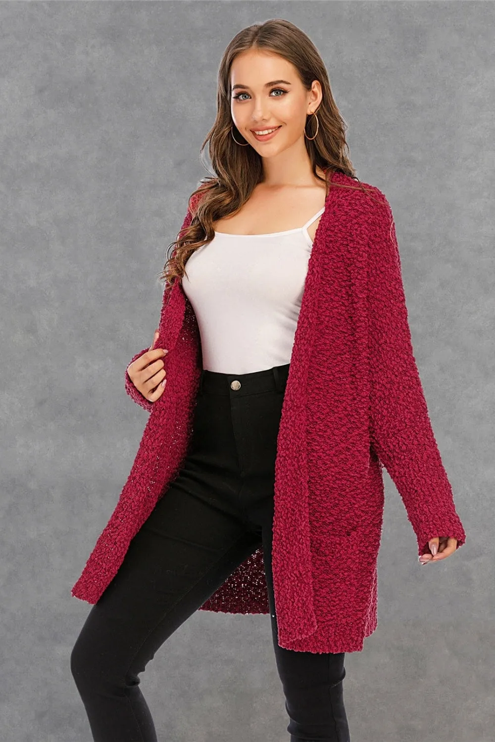 NicholesGifts Women Pocketed Open Front Long Sleeve Cardigan