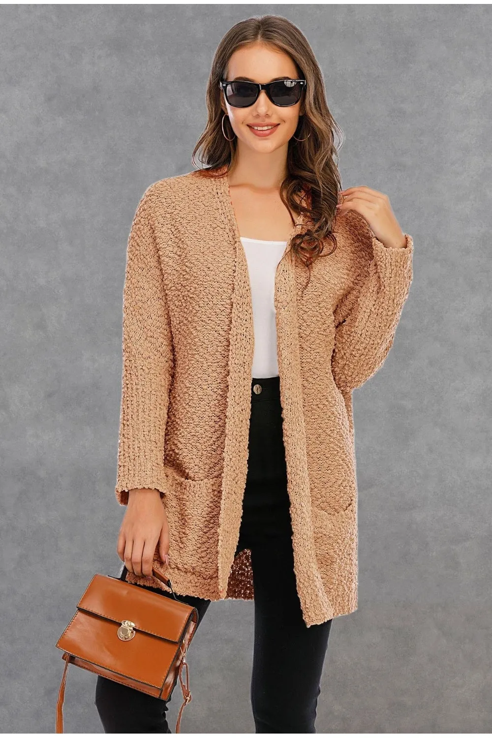 NicholesGifts Women Pocketed Open Front Long Sleeve Cardigan