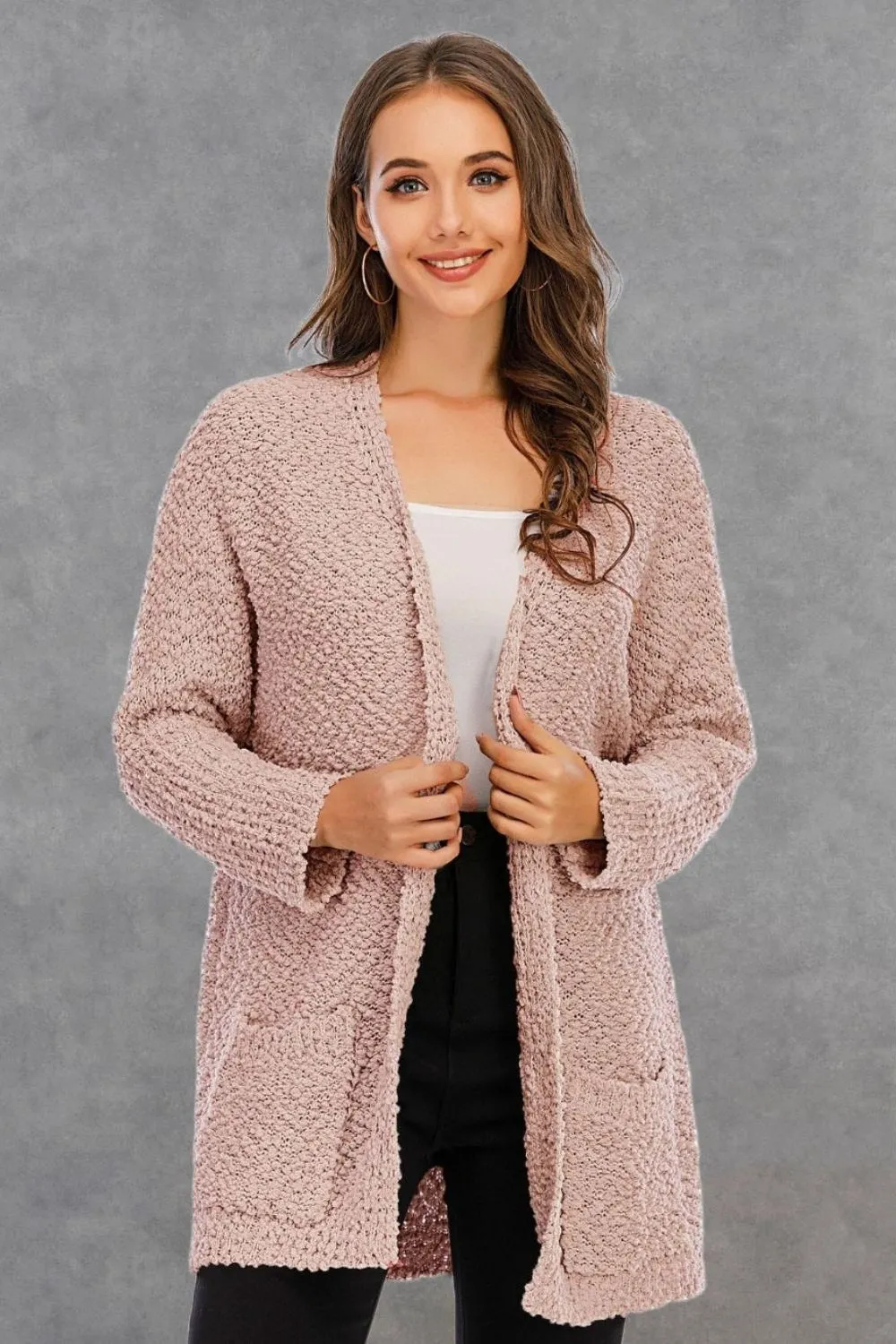 NicholesGifts Women Pocketed Open Front Long Sleeve Cardigan