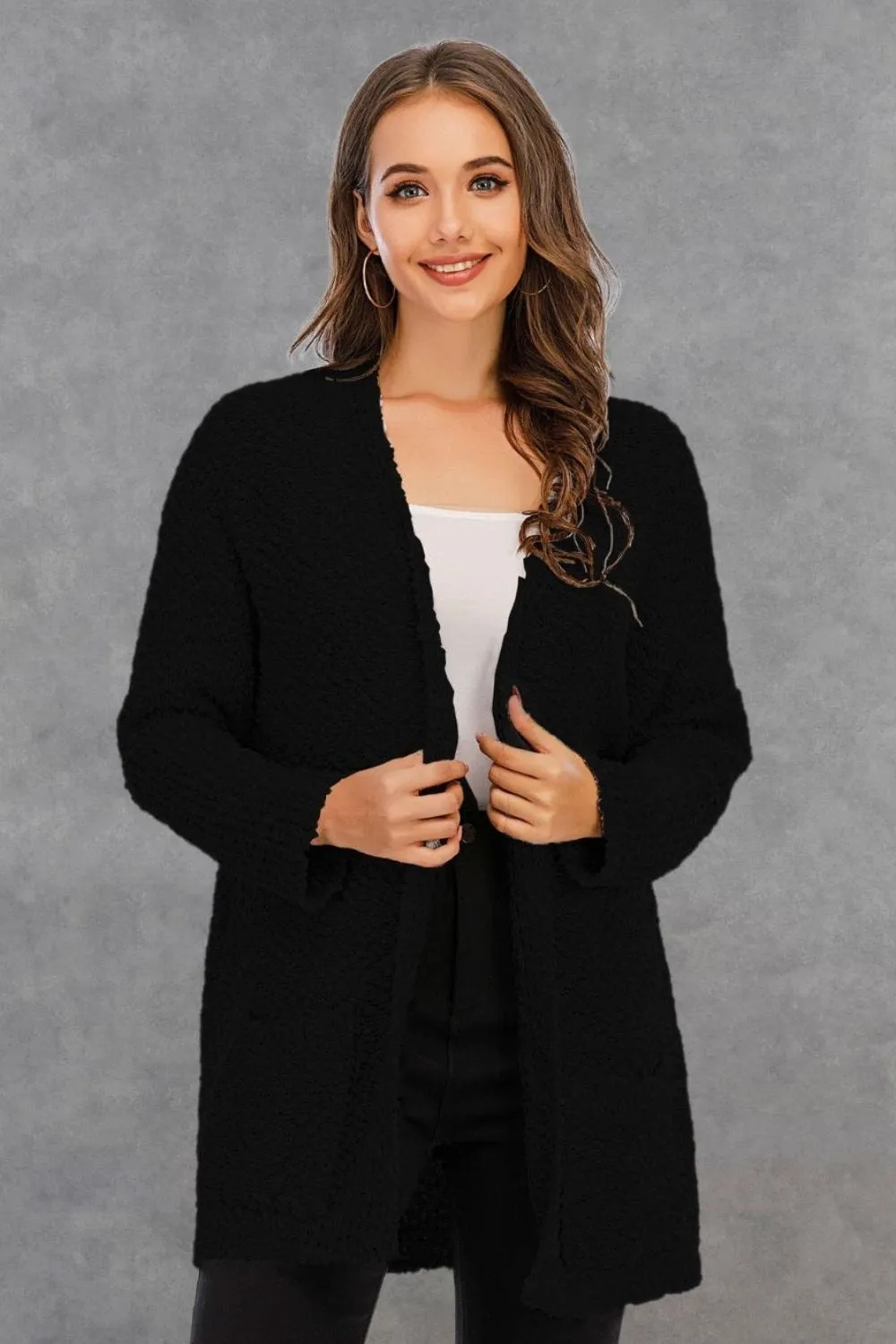 NicholesGifts Women Pocketed Open Front Long Sleeve Cardigan