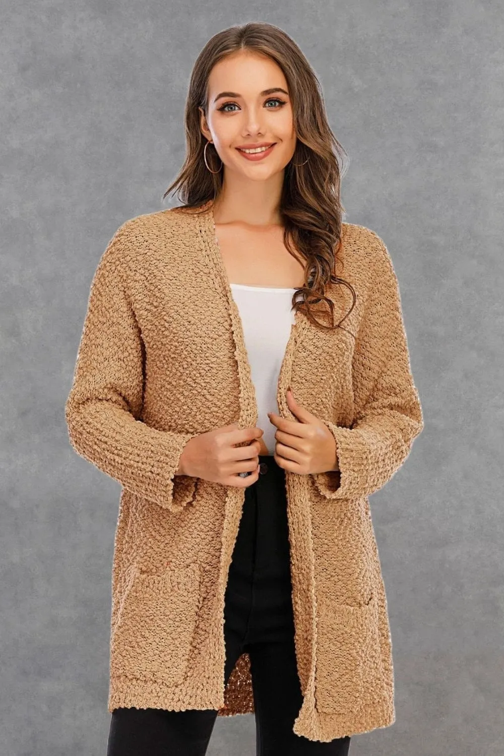 NicholesGifts Women Pocketed Open Front Long Sleeve Cardigan