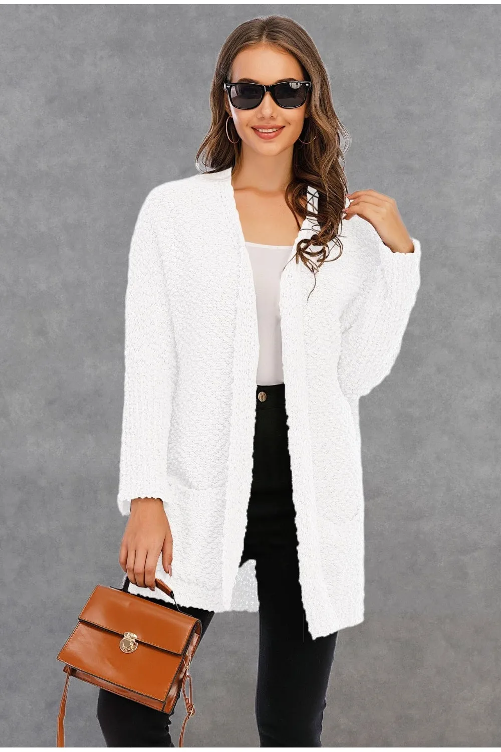 NicholesGifts Women Pocketed Open Front Long Sleeve Cardigan