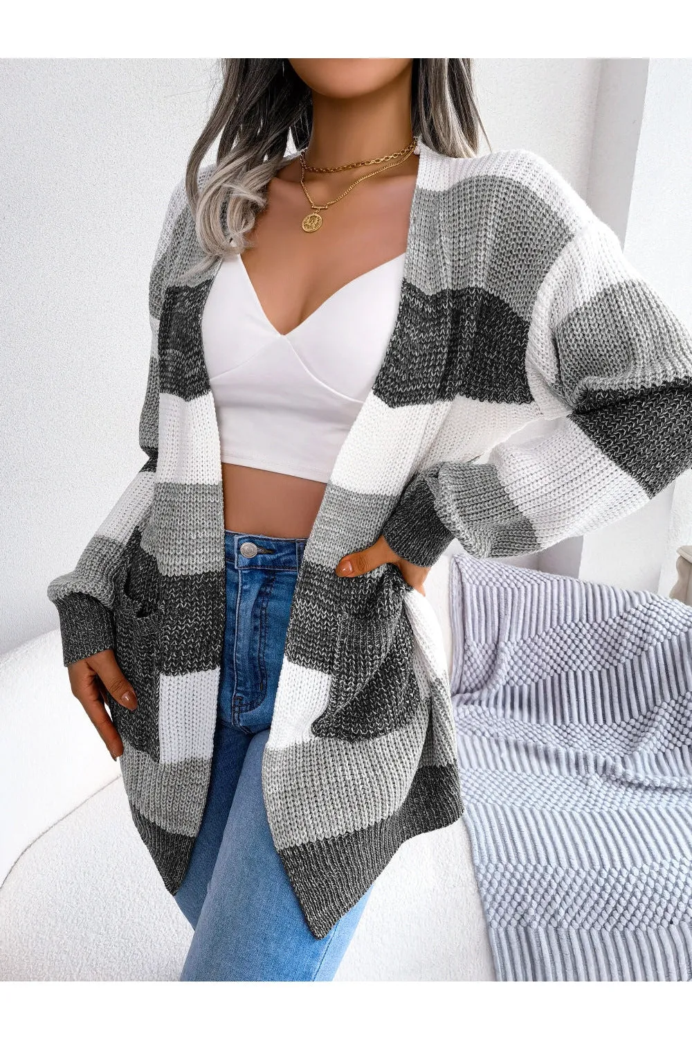 NicholesGifts Women Striped Rib-Knit Open Front Longline Cardigan