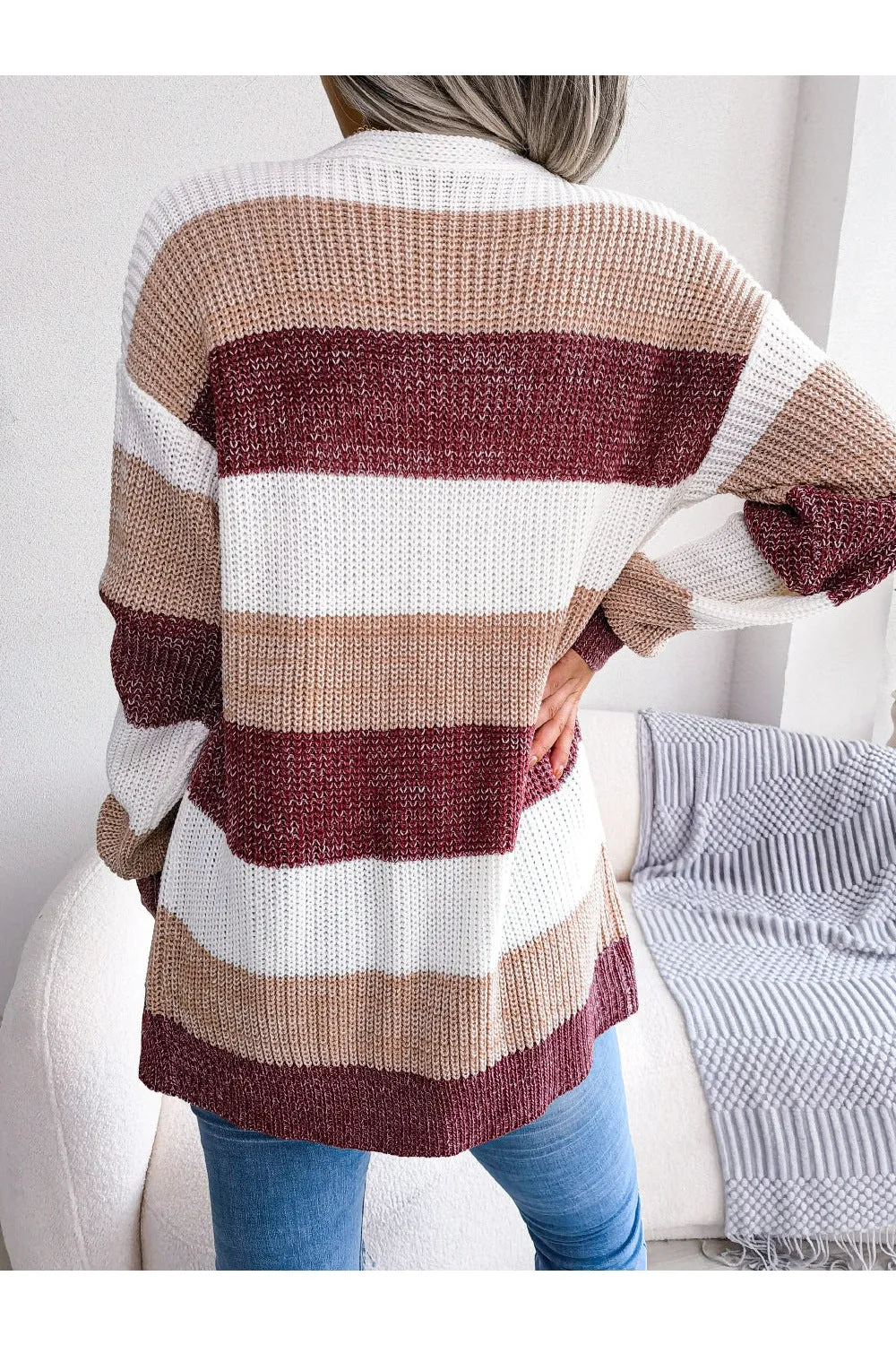 NicholesGifts Women Striped Rib-Knit Open Front Longline Cardigan