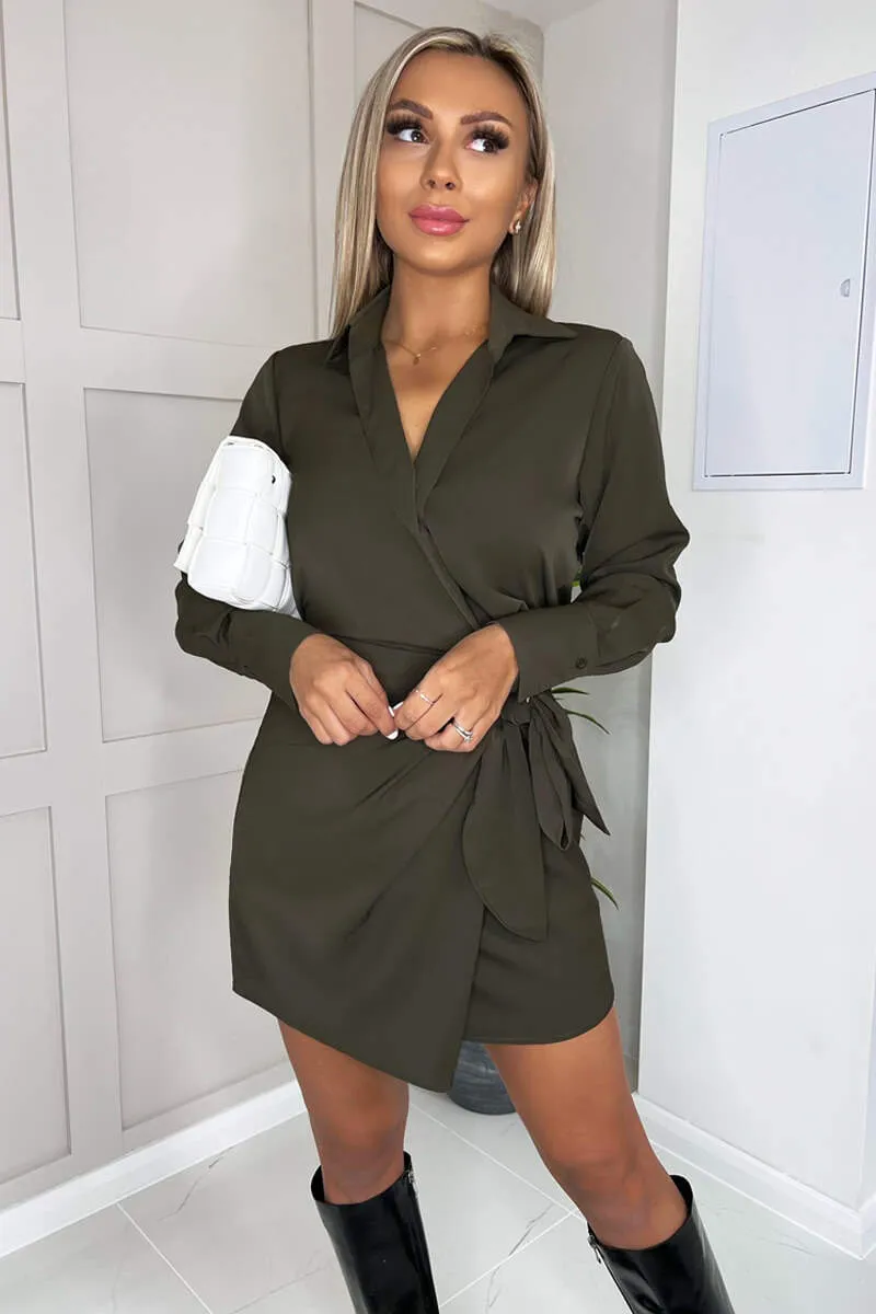 Olive Tie Wrap Long Sleeve Mini Dress