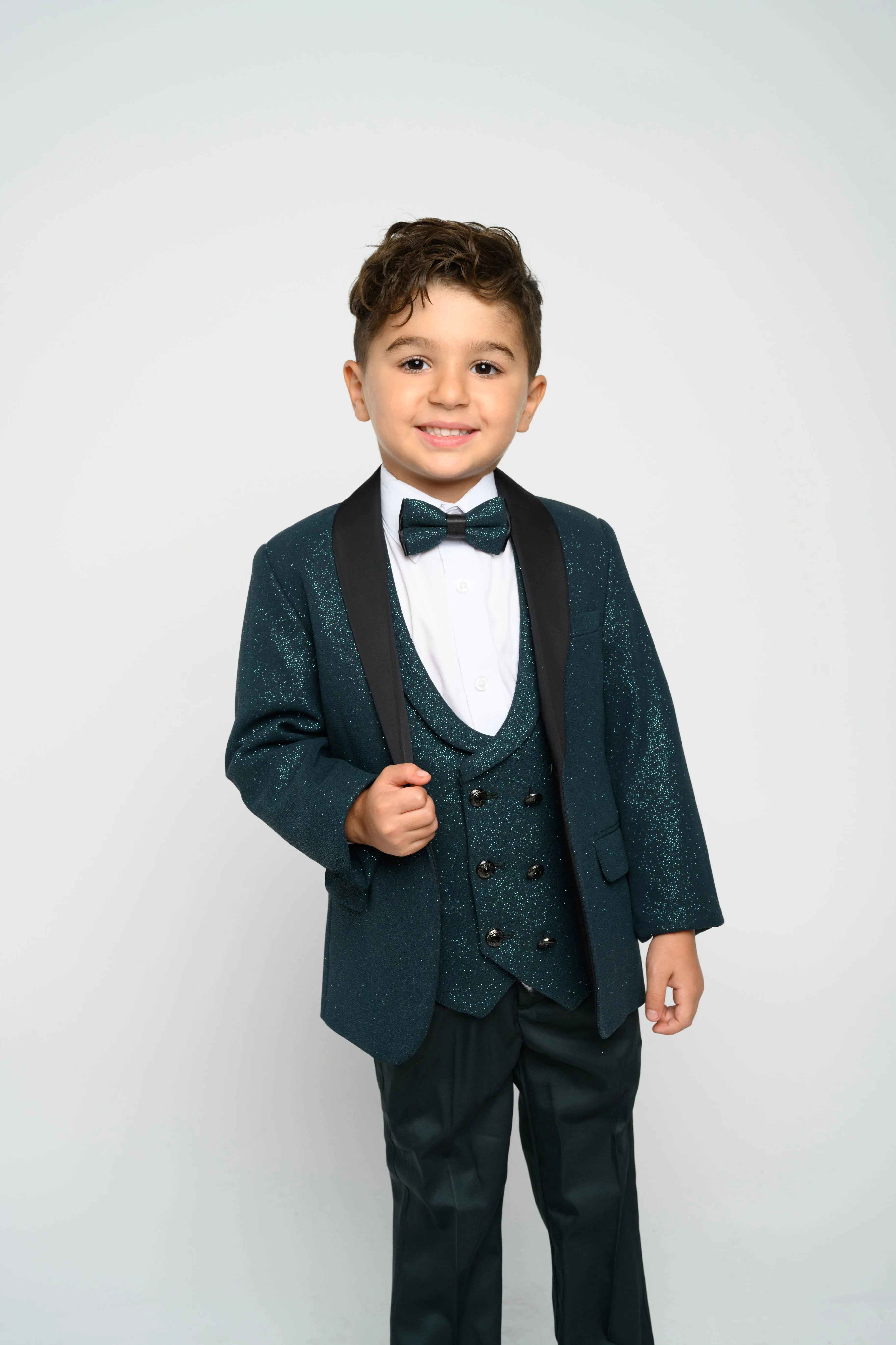 OMC 3-Pieces Boy's Slim Fit Modern Sequin Tuxedo Set (Hunter Green)