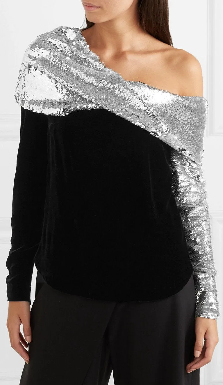 One-Shoulder Sequined Crepe and Velvet Top