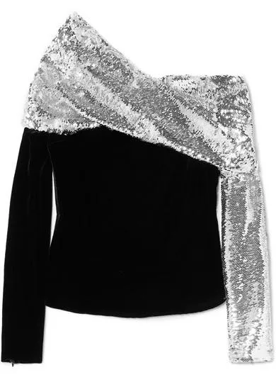 One-Shoulder Sequined Crepe and Velvet Top