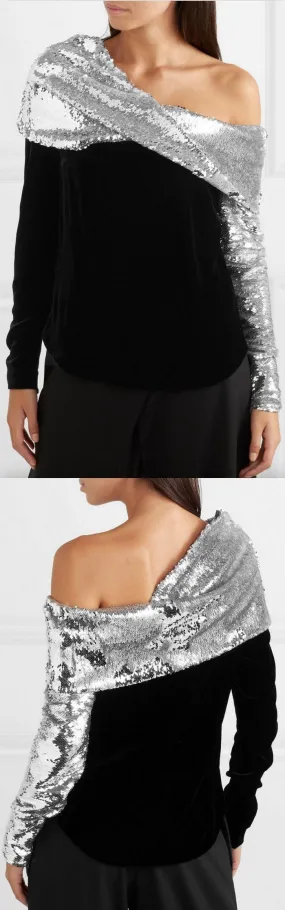 One-Shoulder Sequined Crepe and Velvet Top