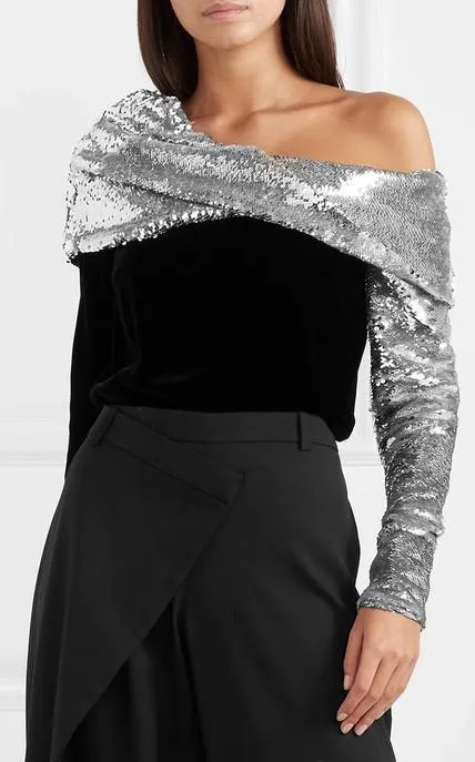 One-Shoulder Sequined Crepe and Velvet Top