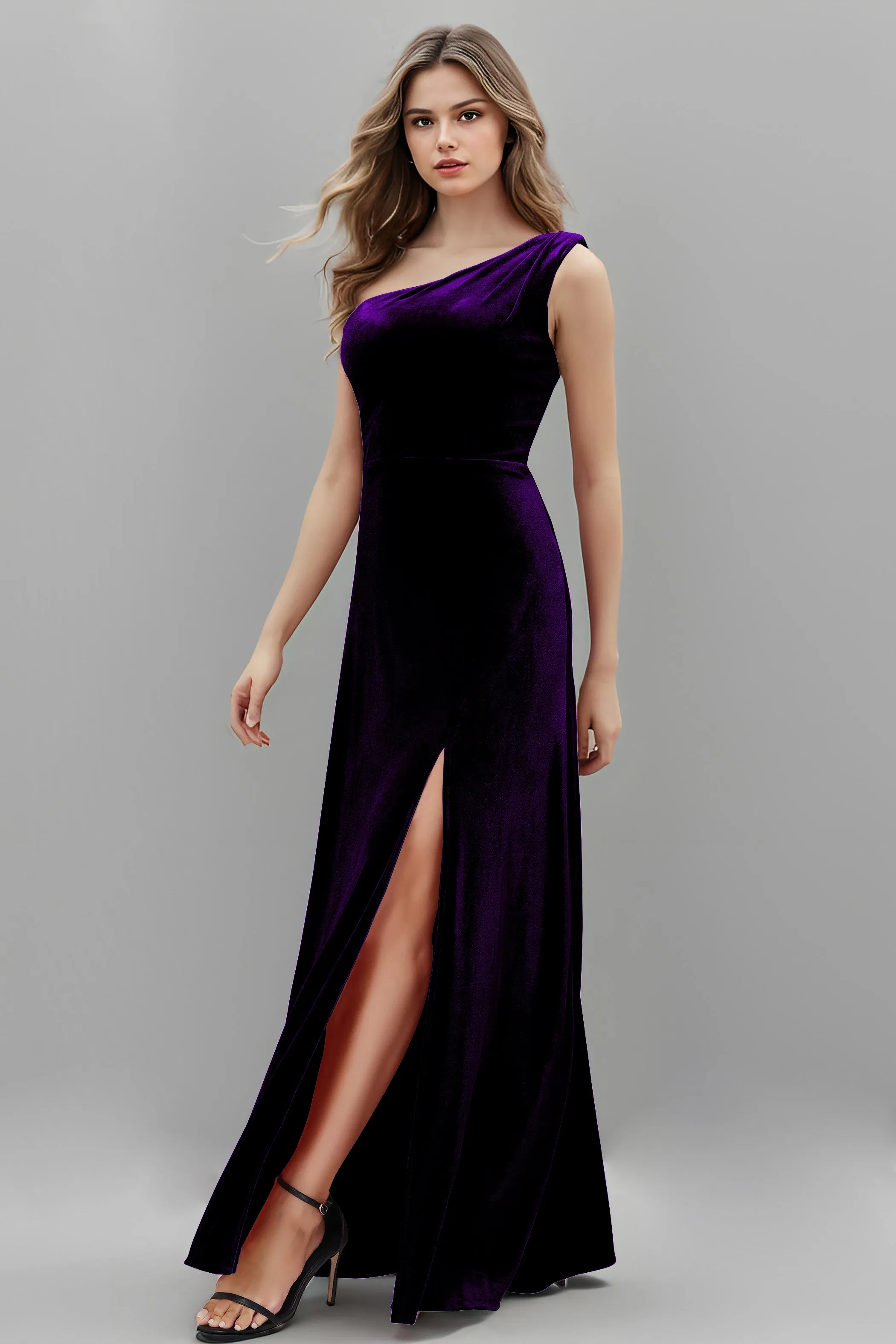 One Shoulder Sleeveless Simple Velvet Bridesmaid Dresses