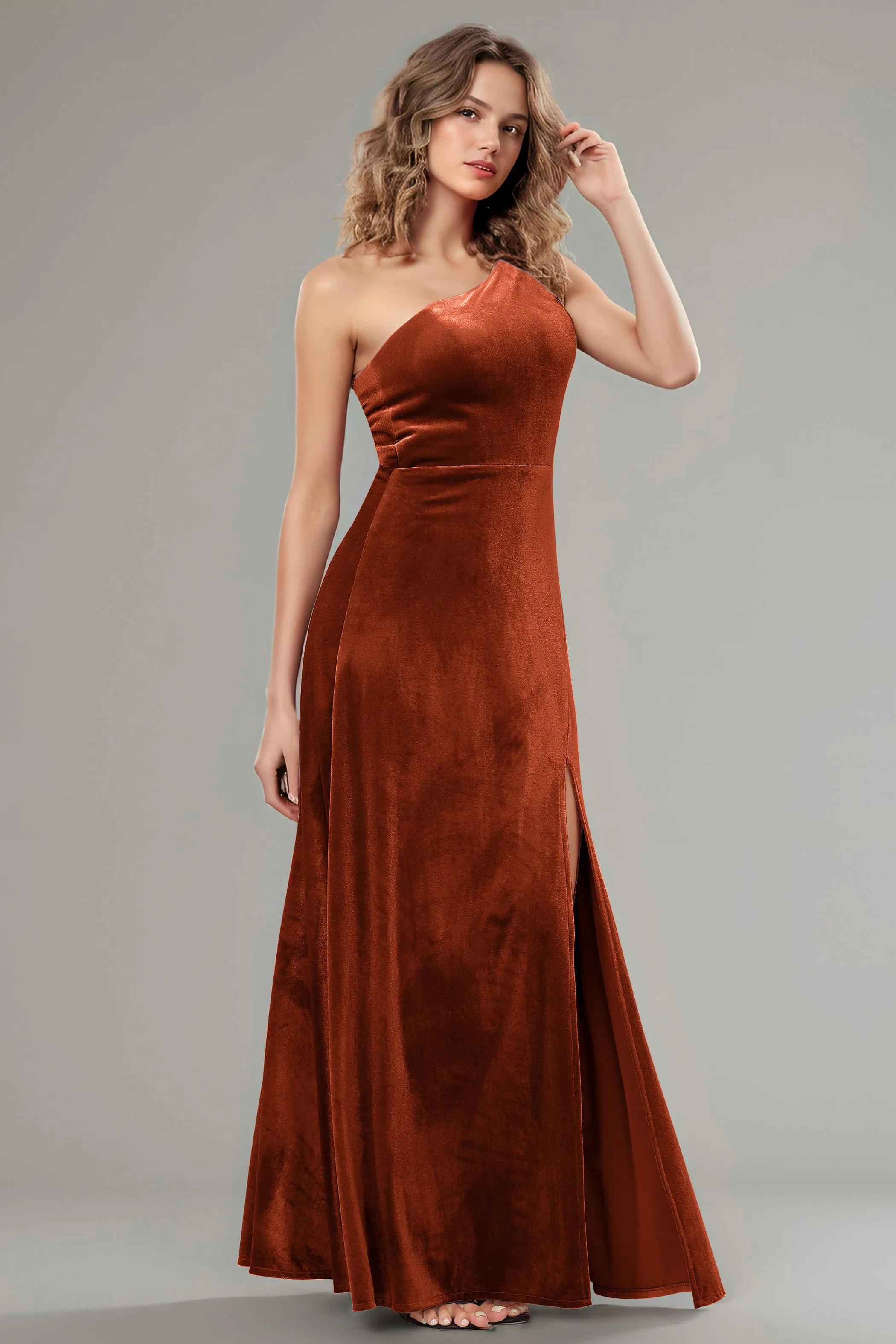 One Shoulder Sleeveless Simple Velvet Bridesmaid Dresses