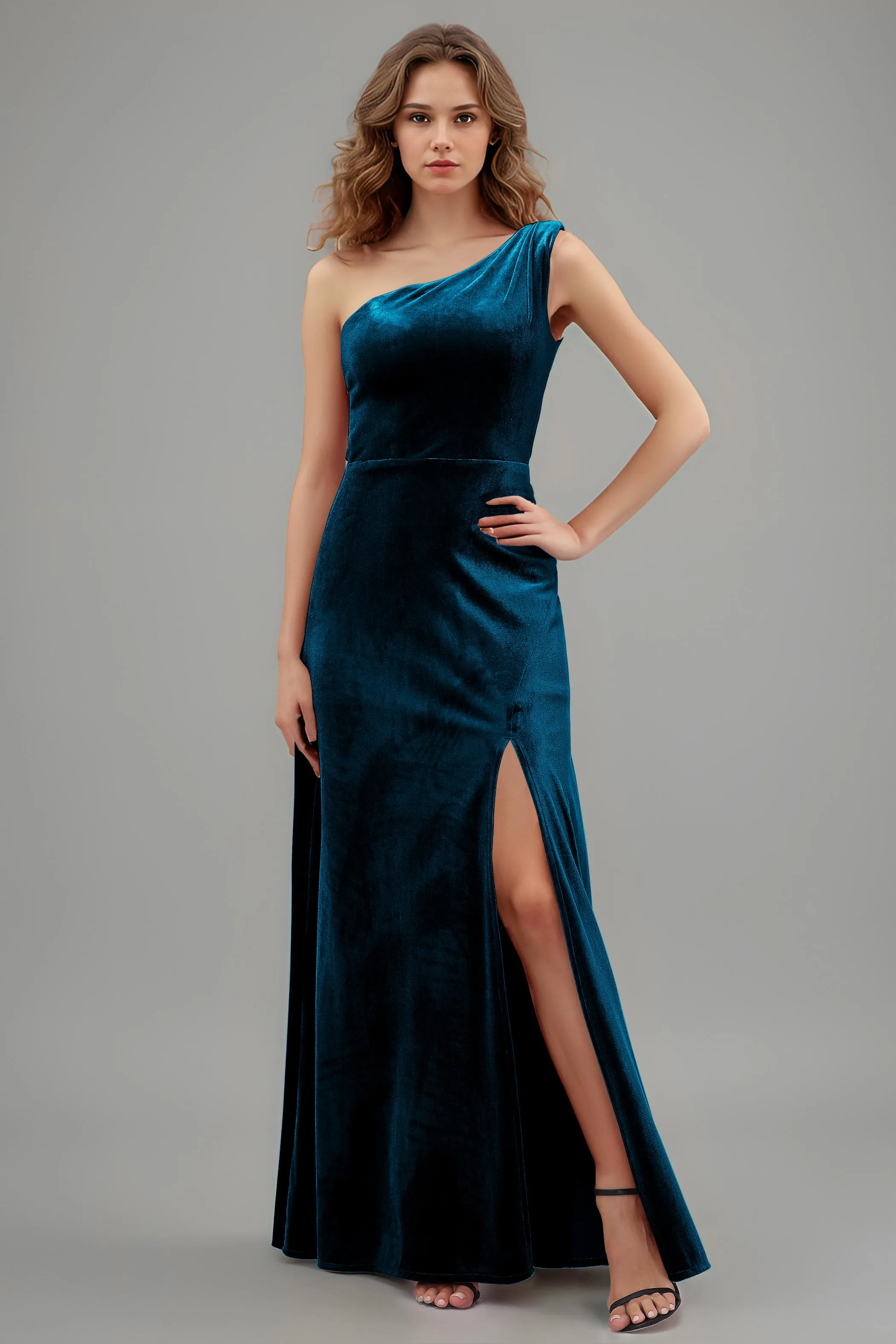 One Shoulder Sleeveless Simple Velvet Bridesmaid Dresses