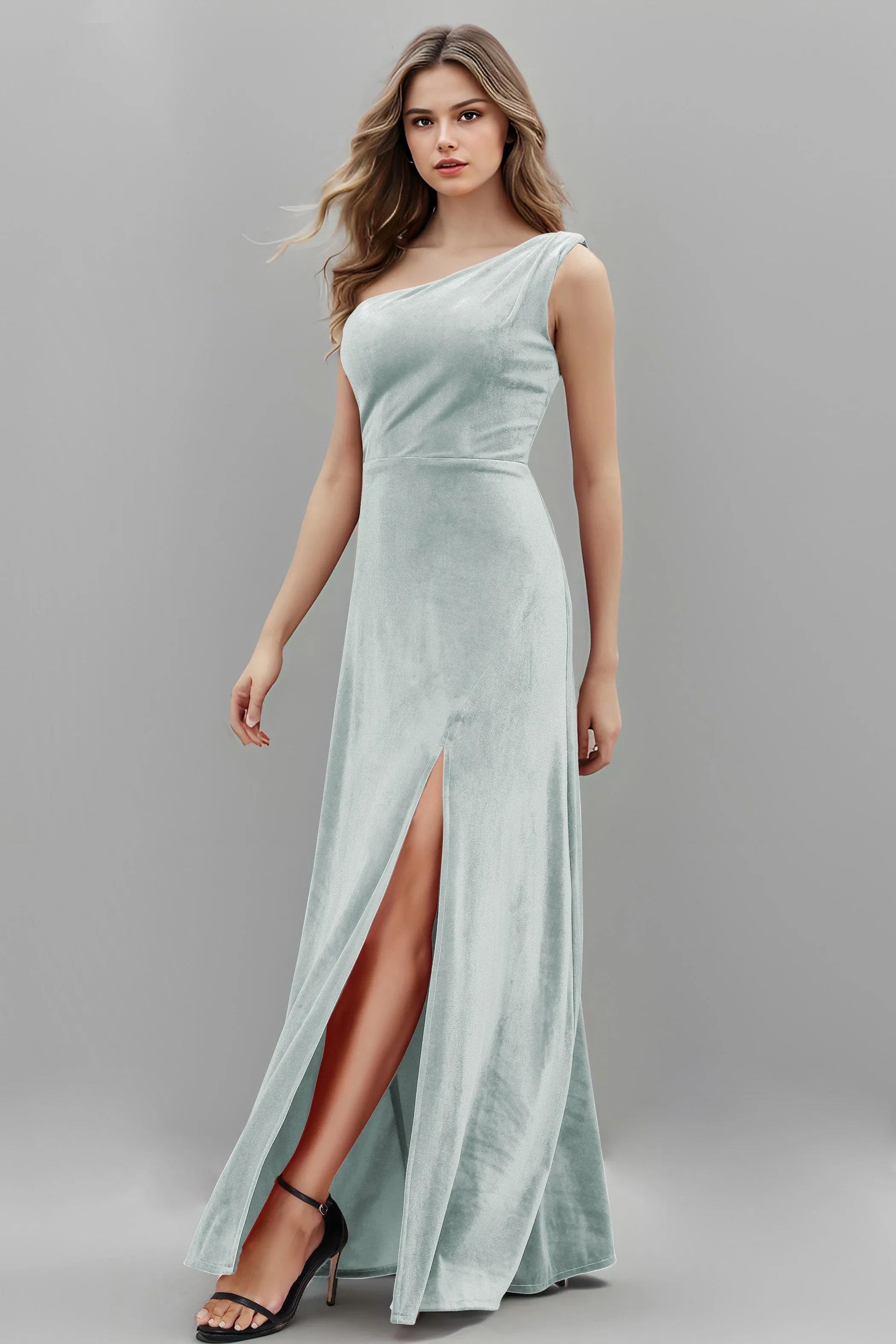 One Shoulder Sleeveless Simple Velvet Bridesmaid Dresses