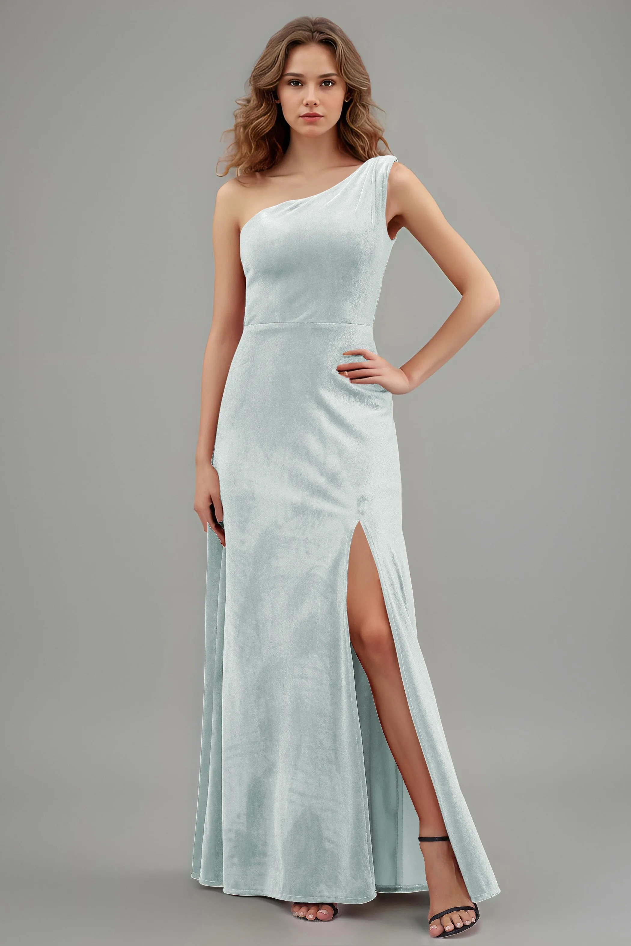 One Shoulder Sleeveless Simple Velvet Bridesmaid Dresses