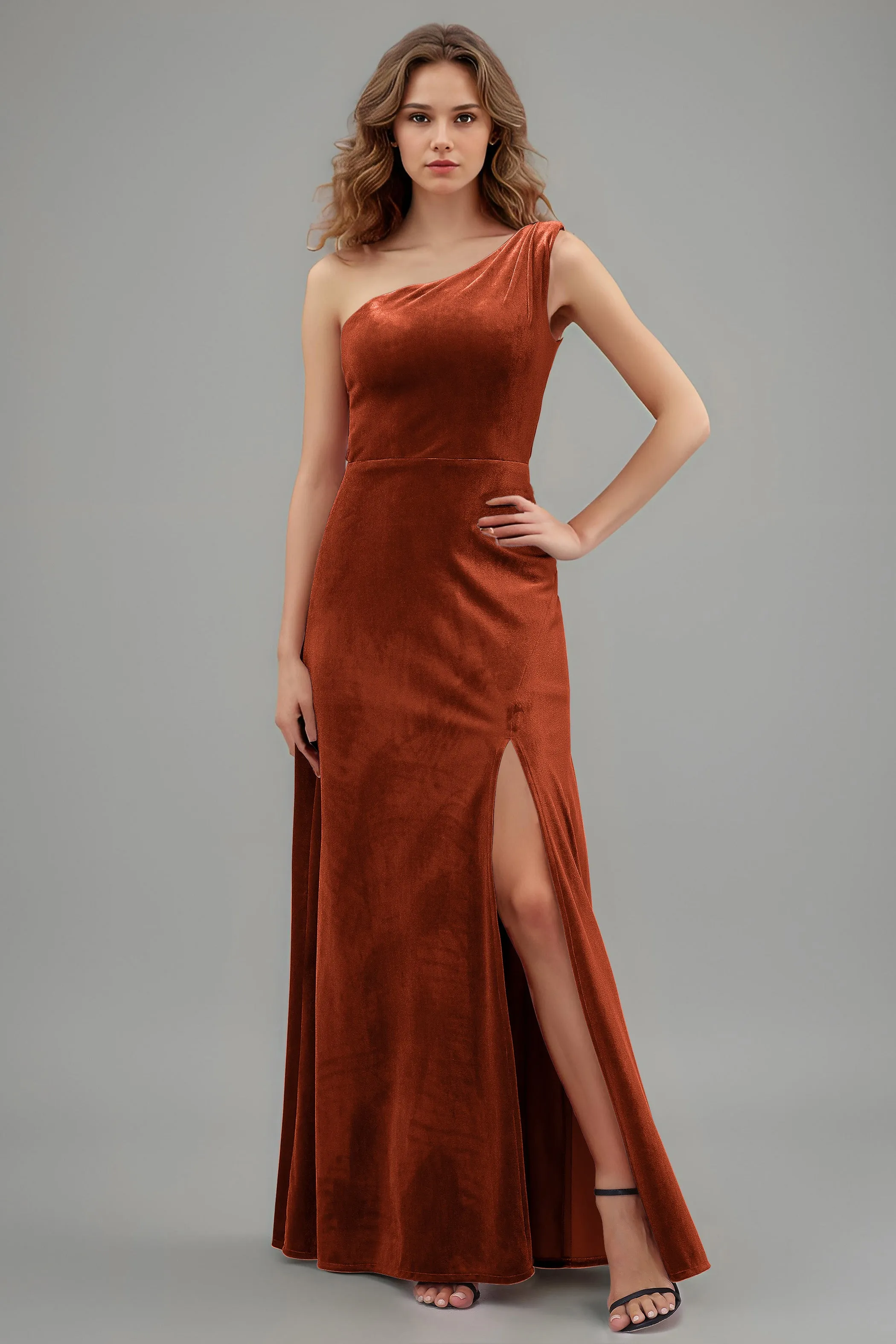 One Shoulder Sleeveless Simple Velvet Bridesmaid Dresses