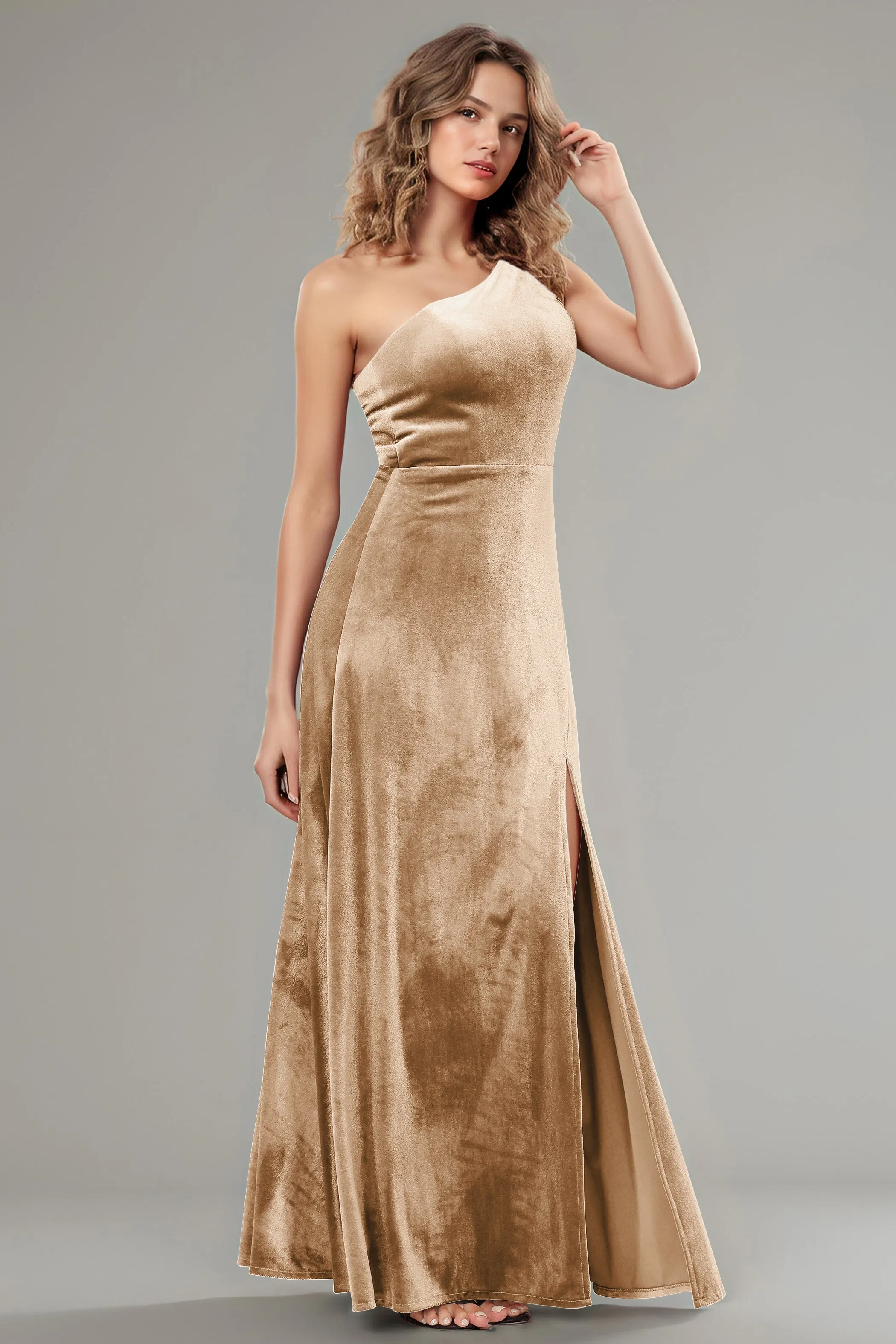 One Shoulder Sleeveless Simple Velvet Bridesmaid Dresses