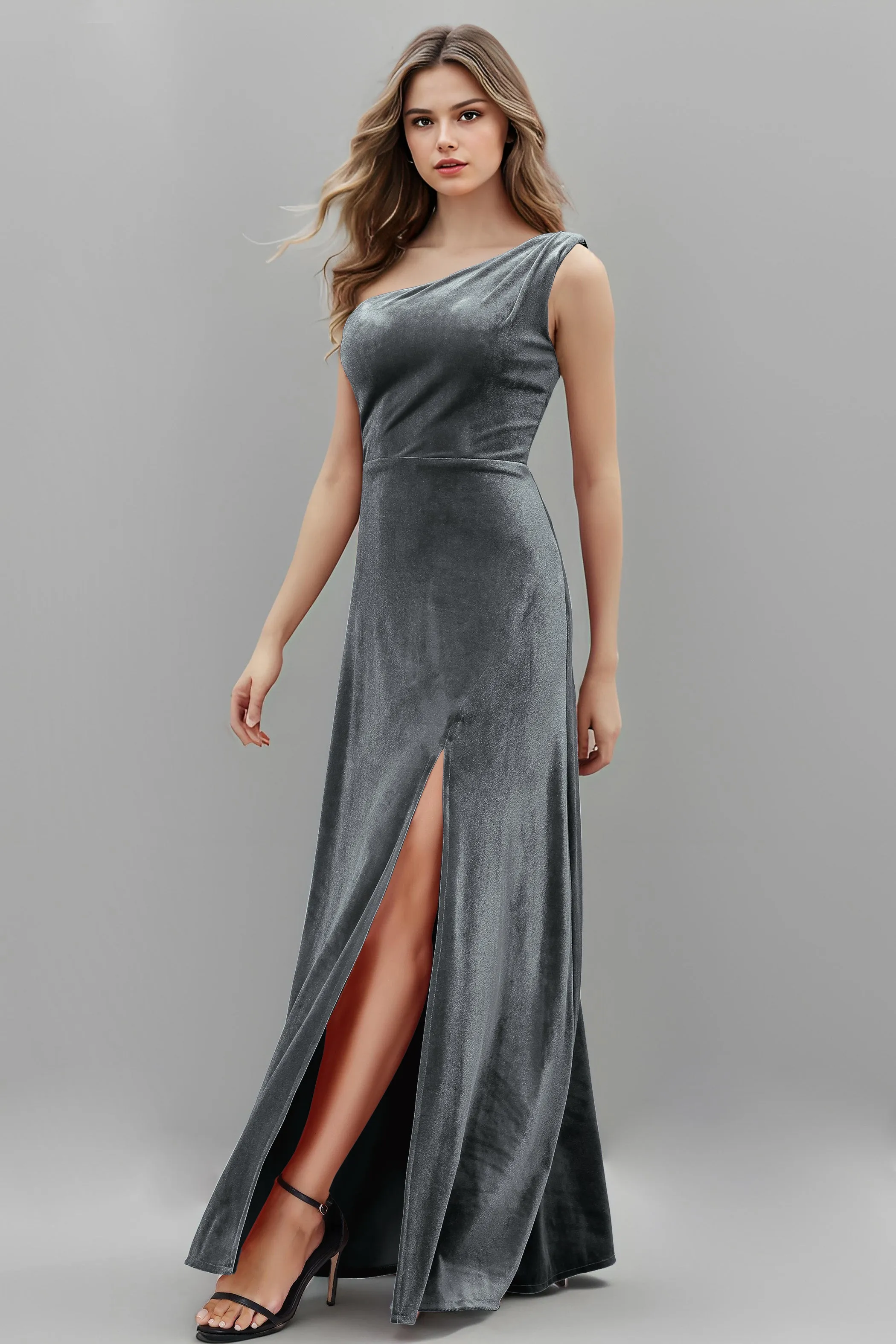 One Shoulder Sleeveless Simple Velvet Bridesmaid Dresses