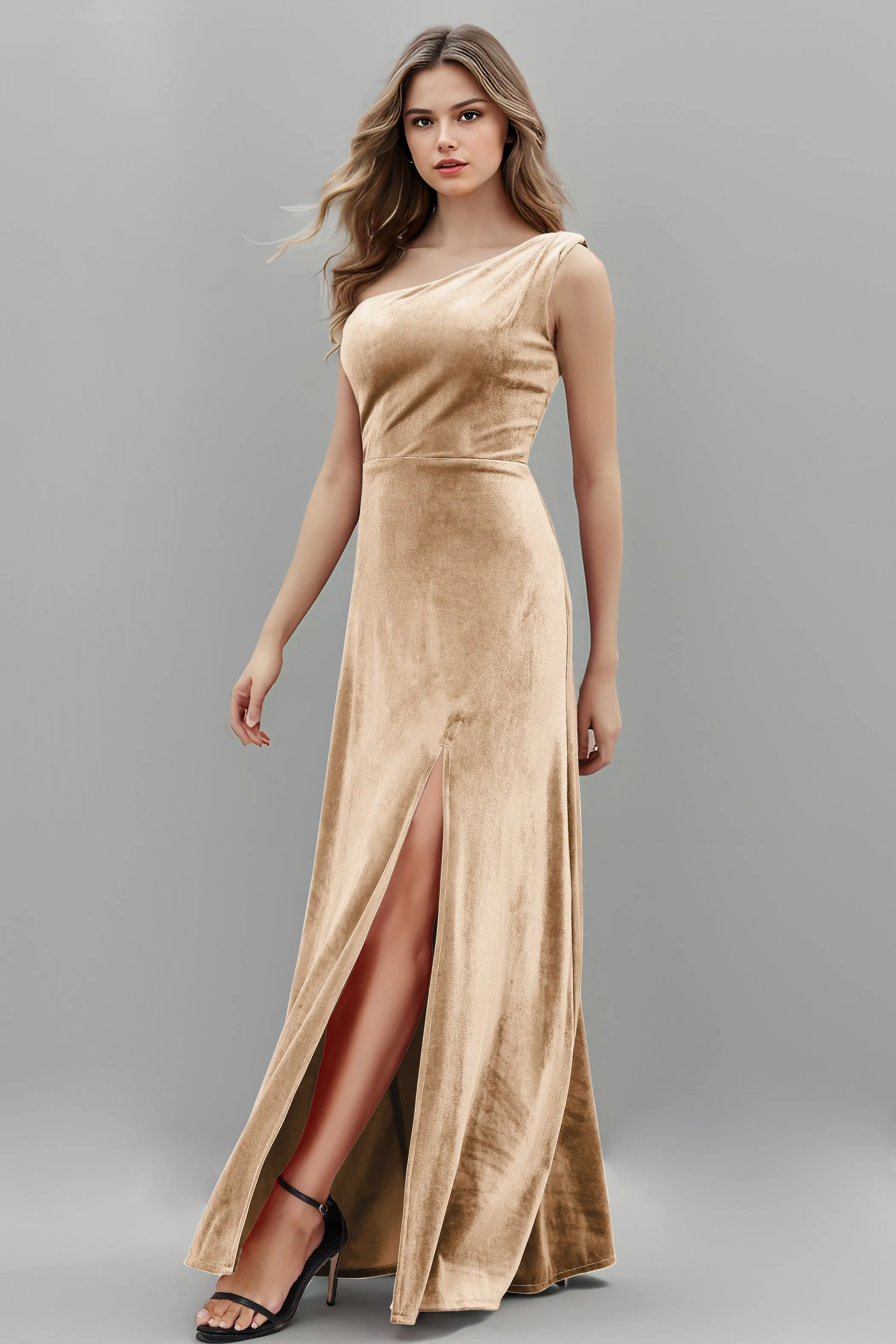 One Shoulder Sleeveless Simple Velvet Bridesmaid Dresses