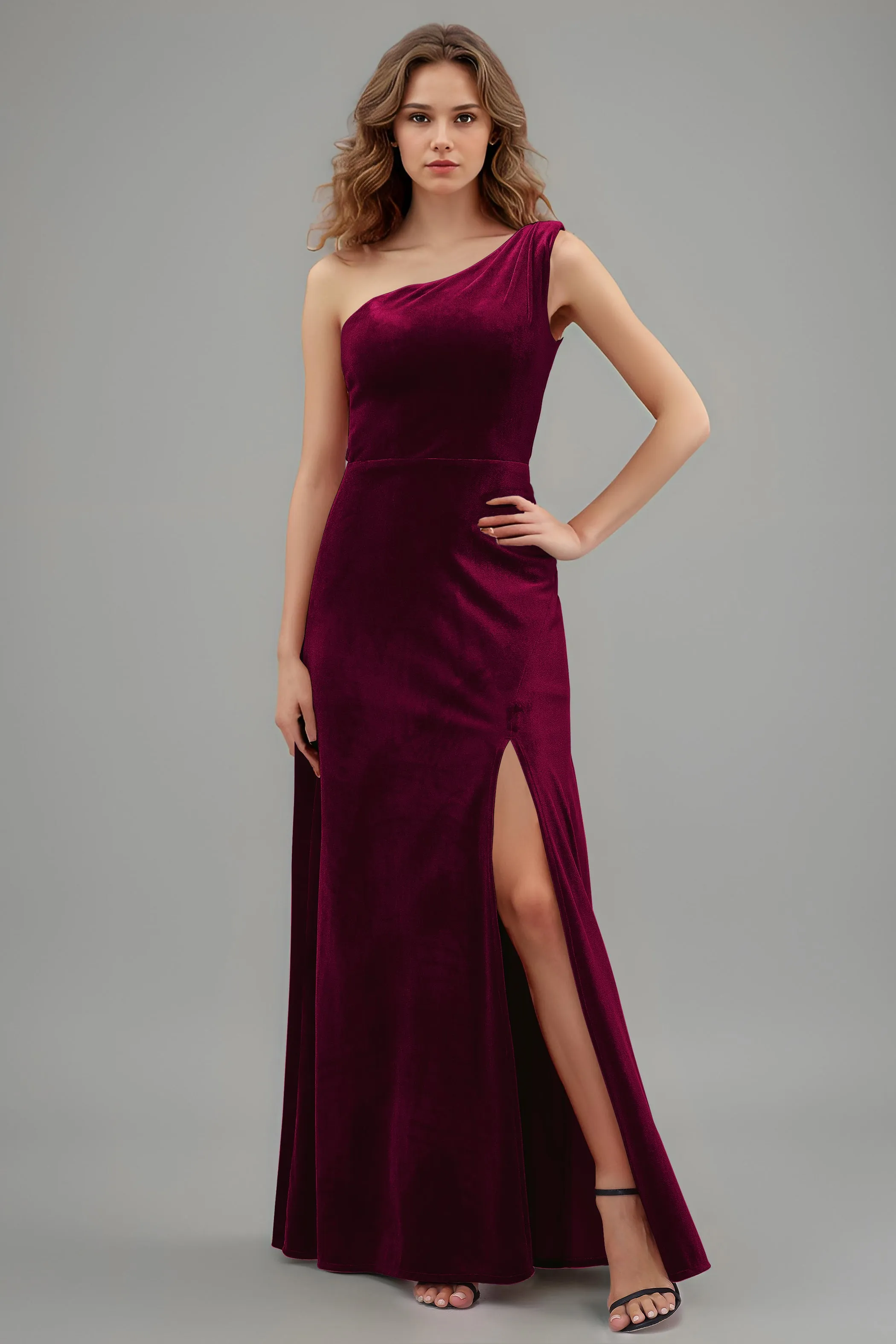 One Shoulder Sleeveless Simple Velvet Bridesmaid Dresses