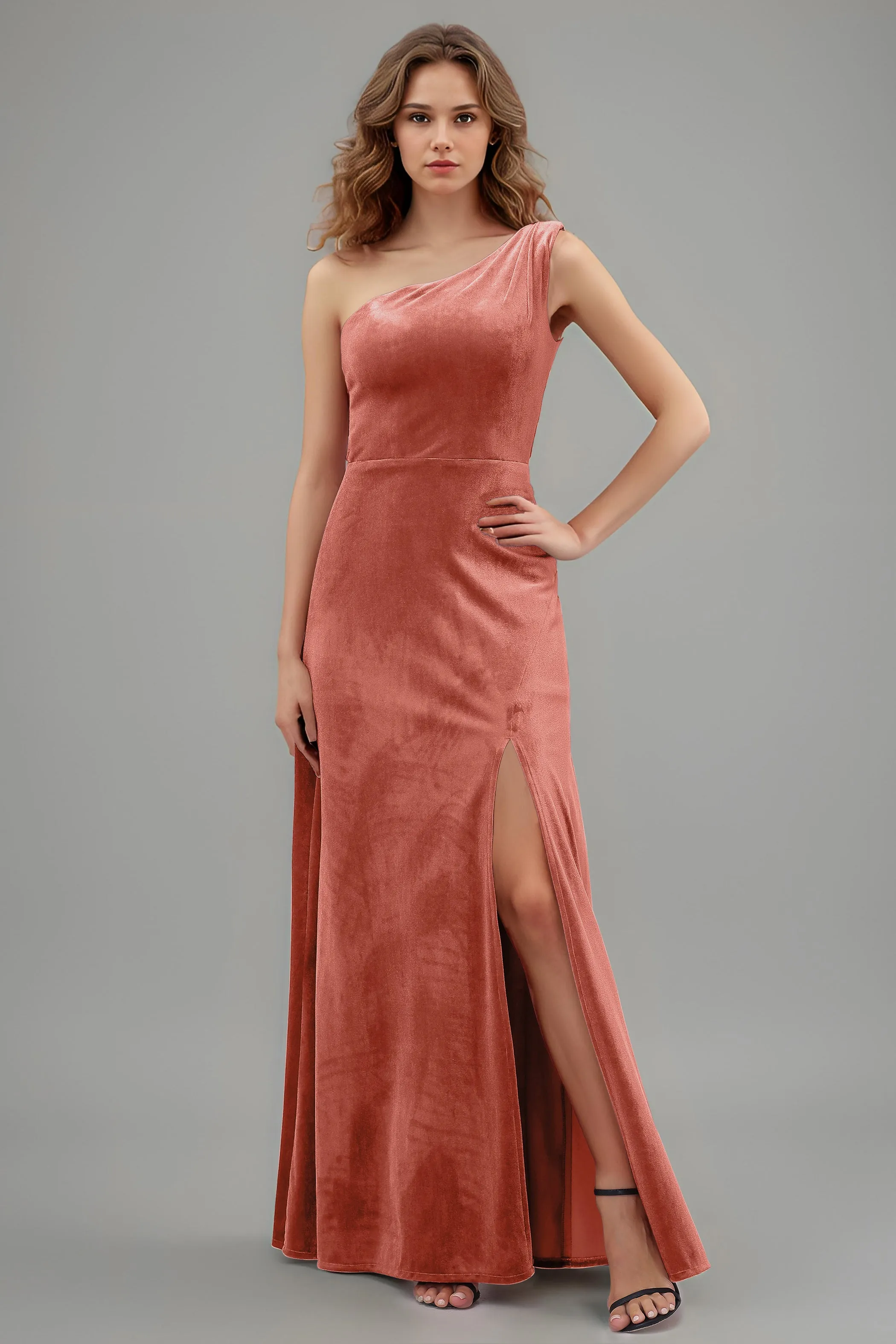 One Shoulder Sleeveless Simple Velvet Bridesmaid Dresses