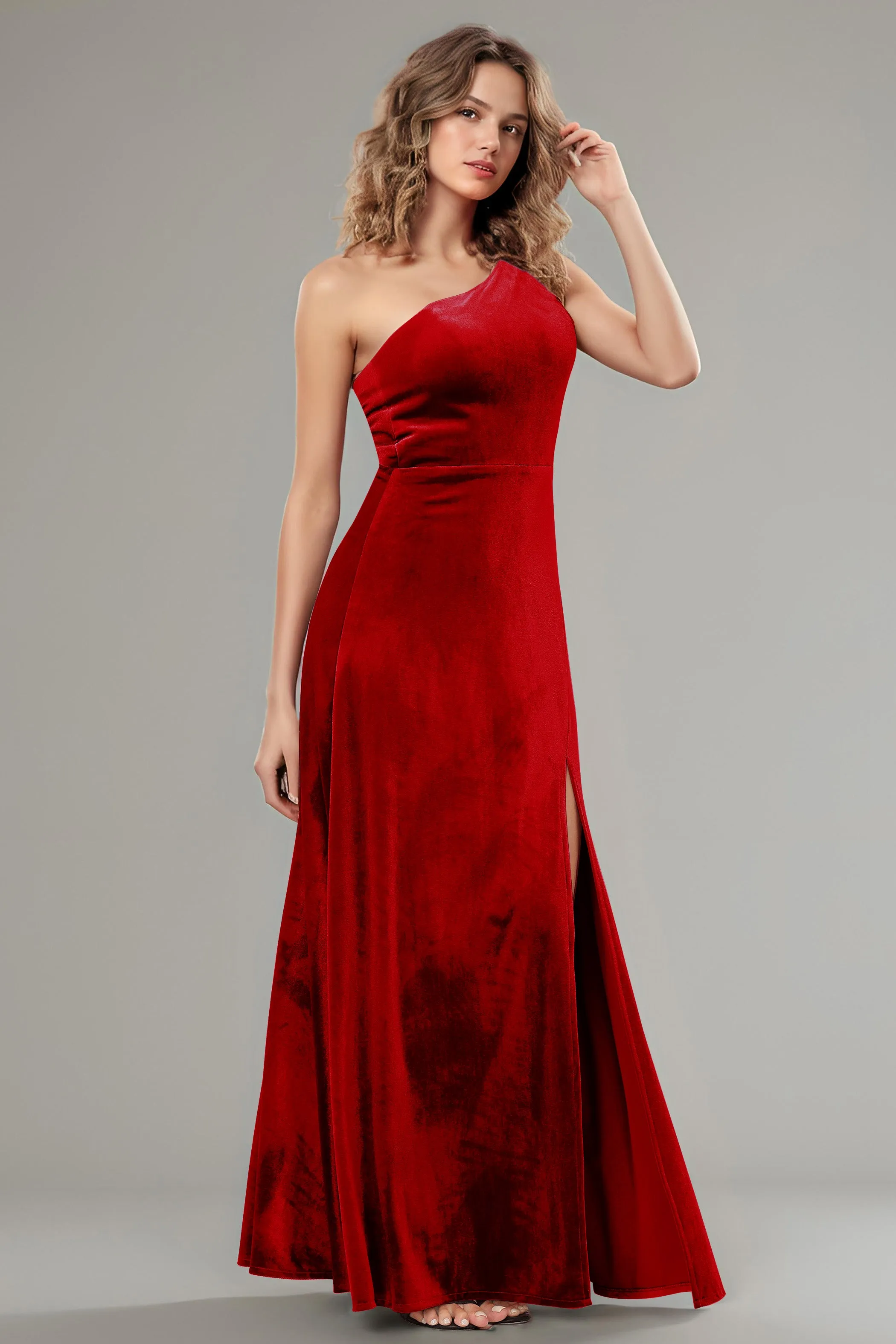 One Shoulder Sleeveless Simple Velvet Bridesmaid Dresses