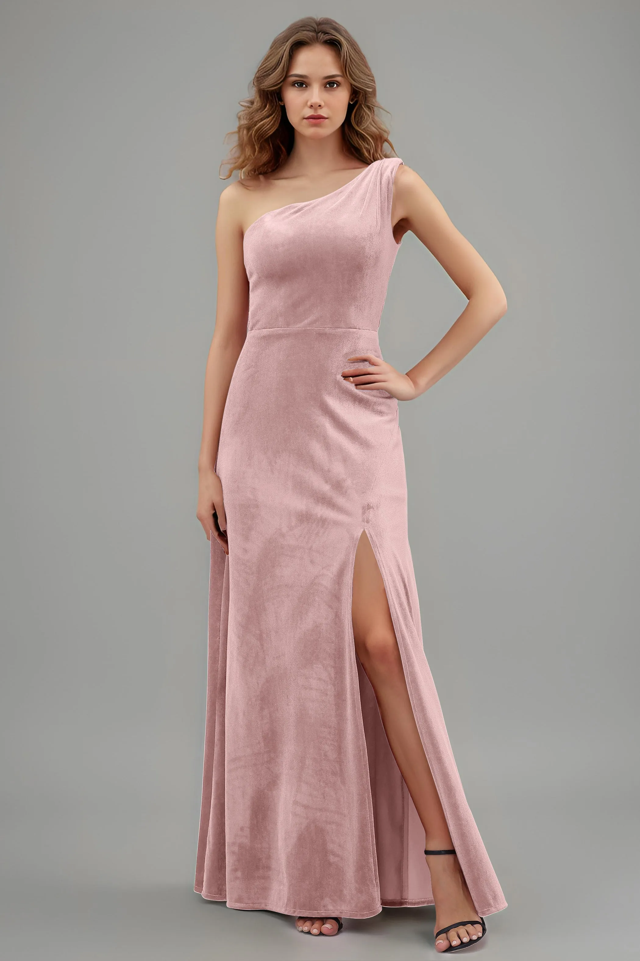 One Shoulder Sleeveless Simple Velvet Bridesmaid Dresses