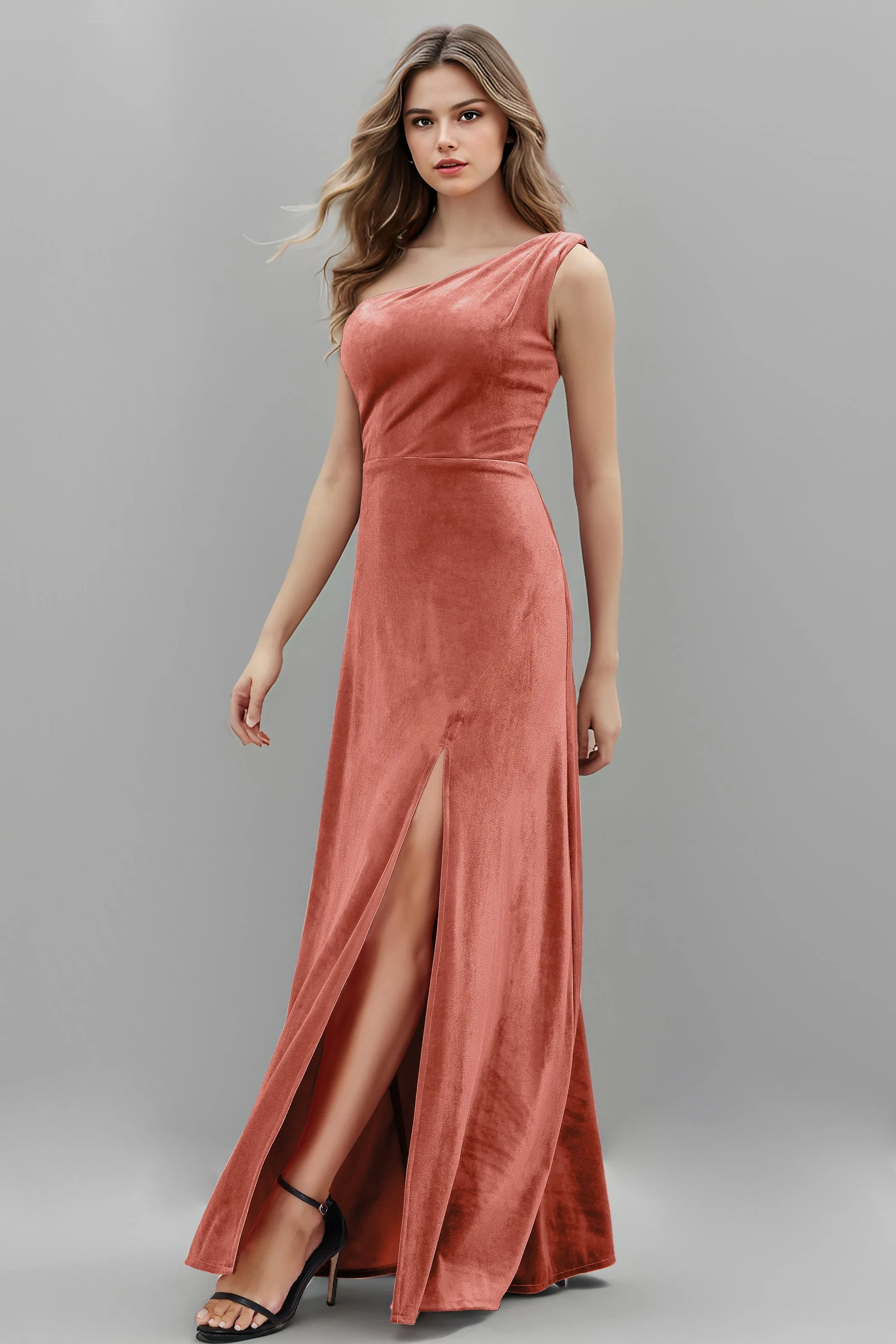 One Shoulder Sleeveless Simple Velvet Bridesmaid Dresses