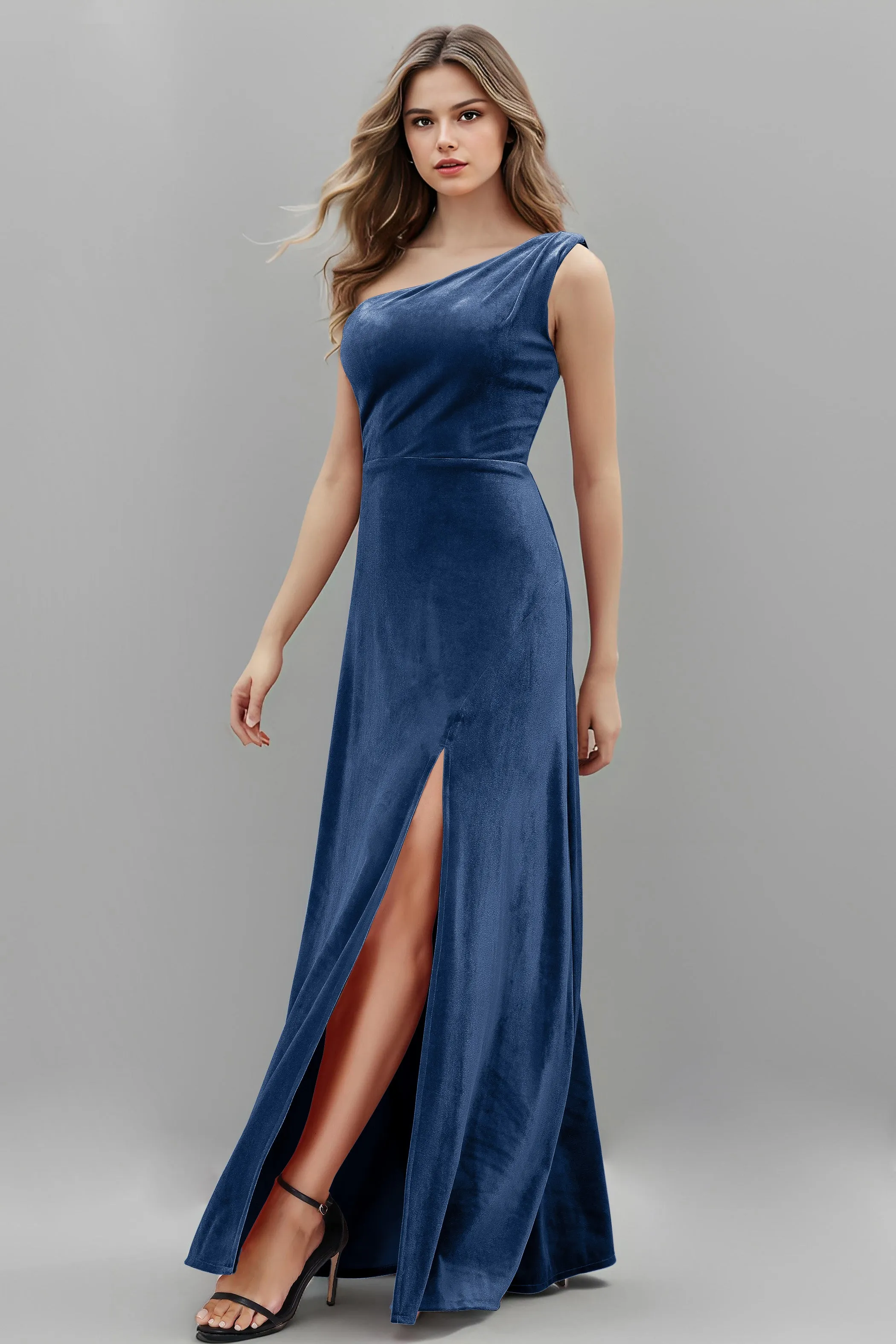 One Shoulder Sleeveless Simple Velvet Bridesmaid Dresses