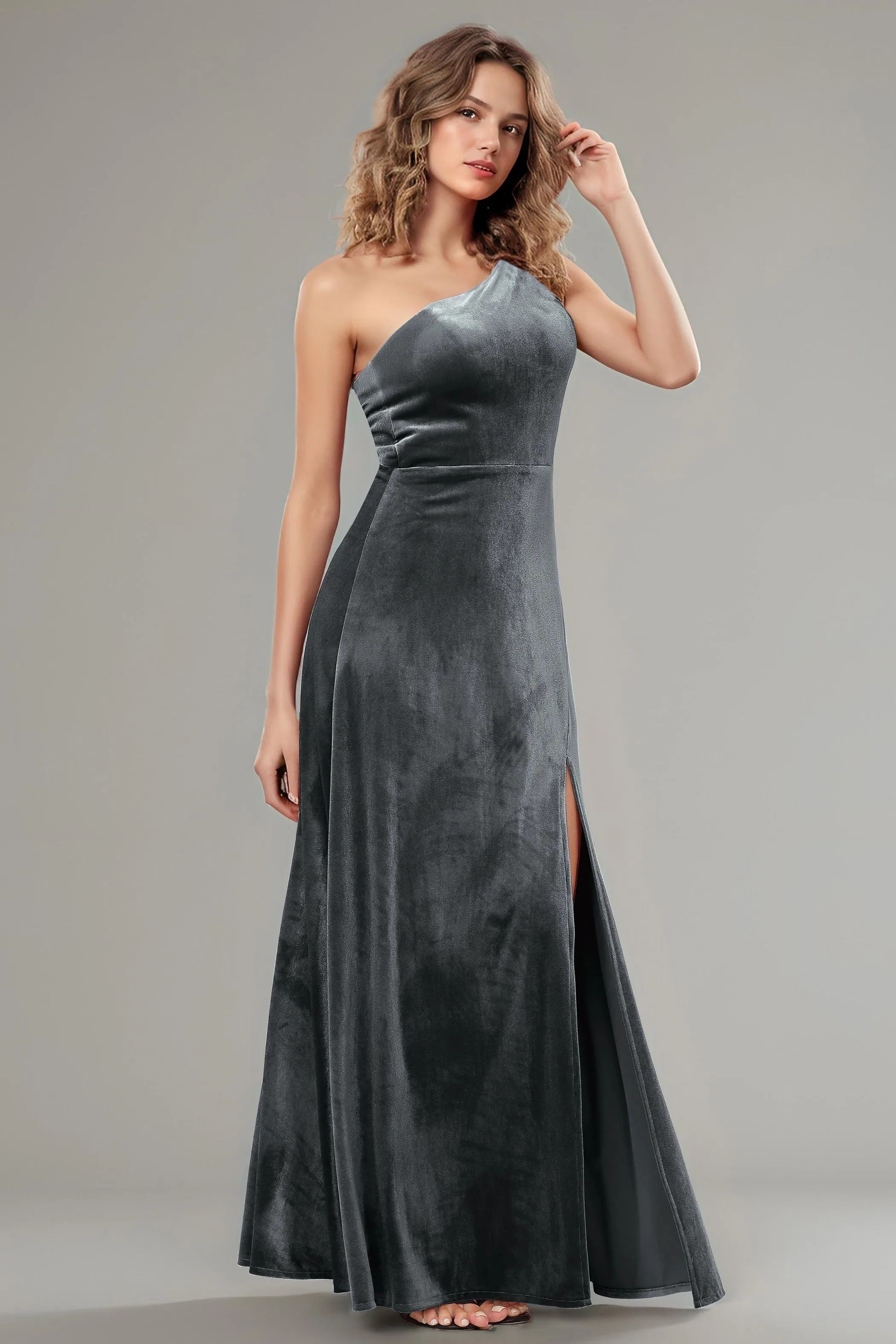 One Shoulder Sleeveless Simple Velvet Bridesmaid Dresses