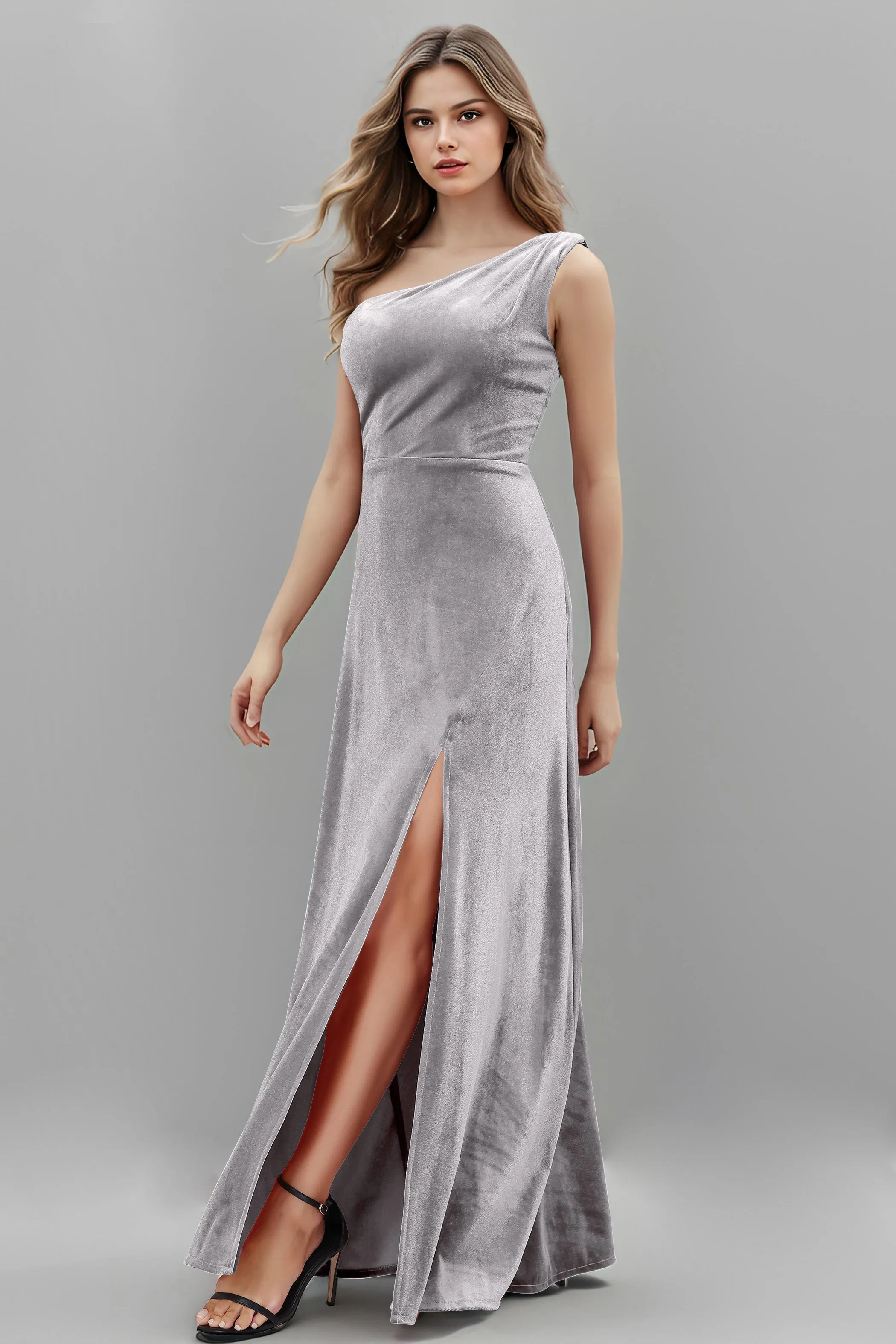 One Shoulder Sleeveless Simple Velvet Bridesmaid Dresses