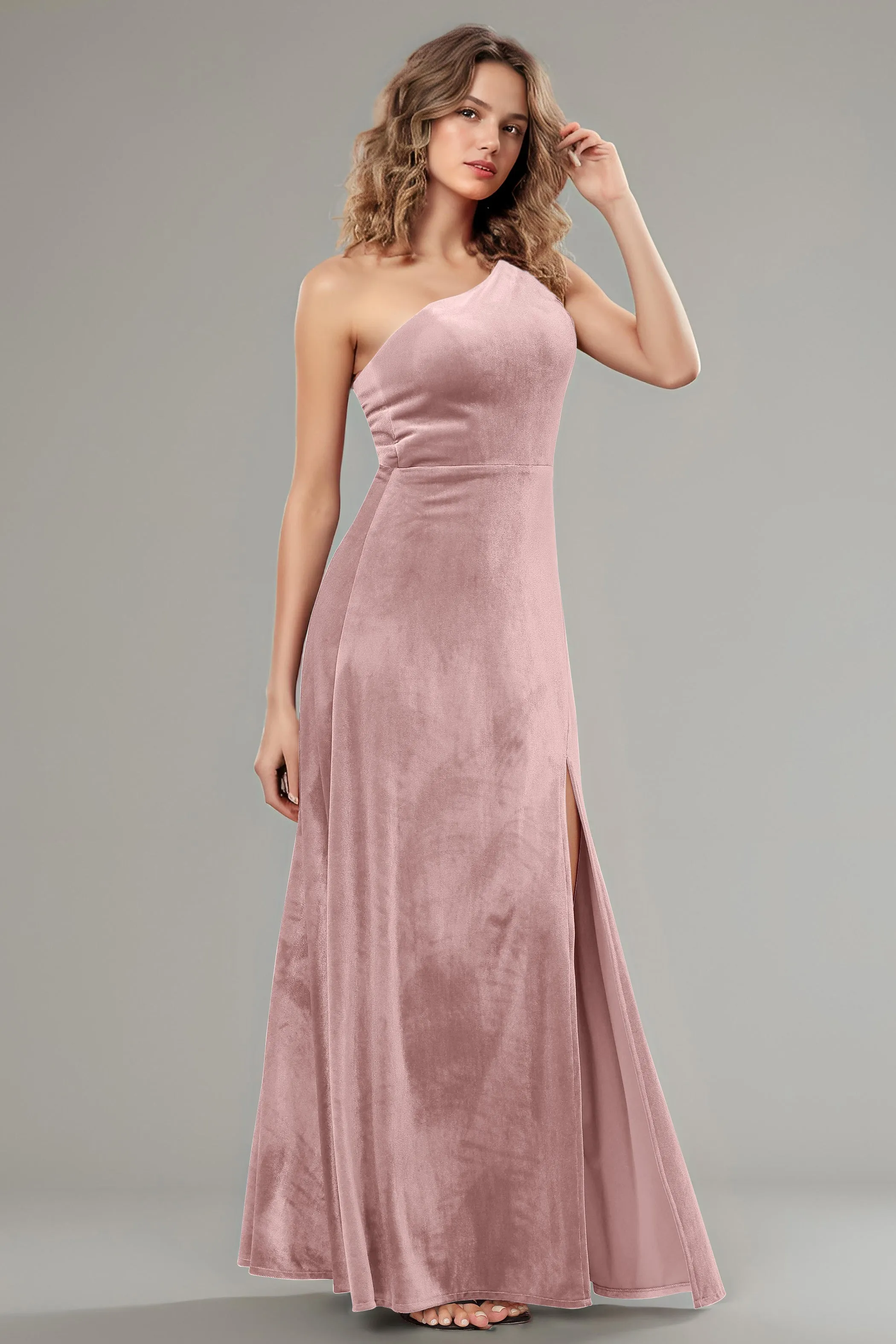 One Shoulder Sleeveless Simple Velvet Bridesmaid Dresses